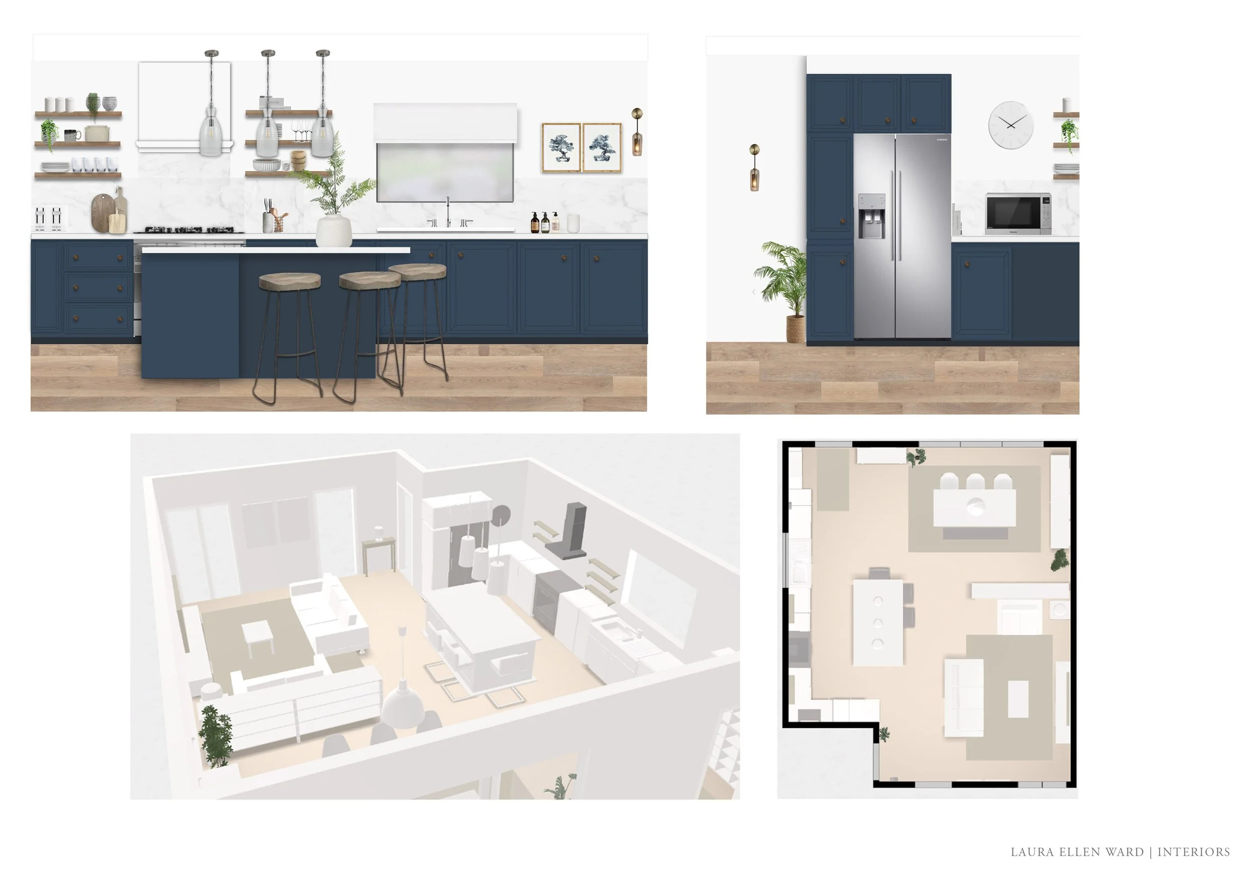 Design boards for a modern kitchen featuring blue cabinets, stainless steel appliances, open shelves with dishes and decor, a kitchen island with seating, and a separate wall with a refrigerator, microwave, and a plant. Floor plans show a spacious, o