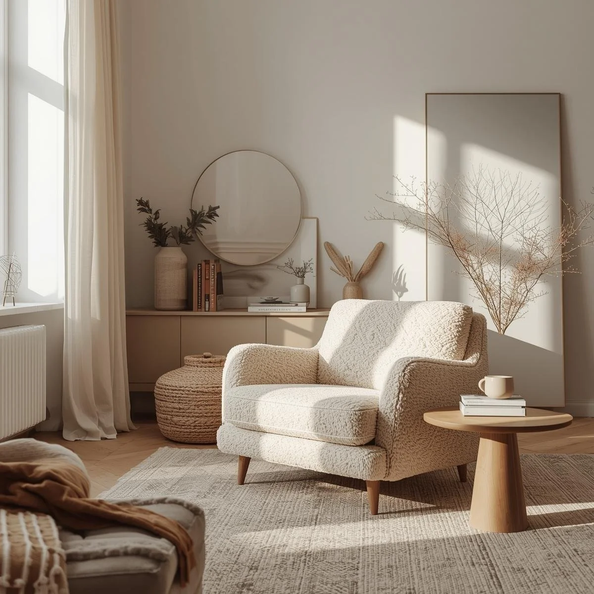 Sunlit cozy living room with a cream sofa, wooden side table with books and a mug, beige woven ottoman, cream curtains, and minimalist decor including large circle mirror, vases, and dried branches.