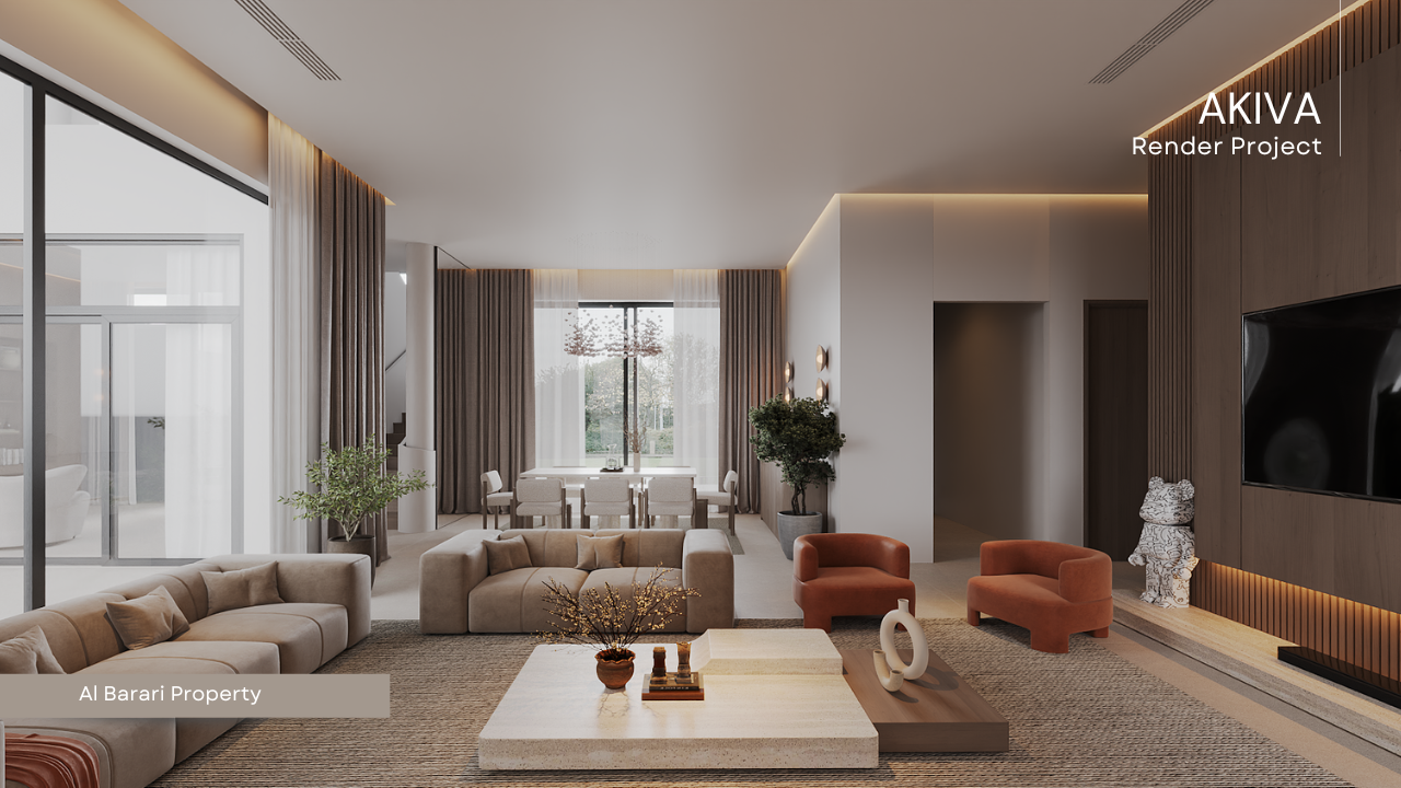 Modern living room with beige sofas, orange armchairs, a white coffee table with decorative objects, a large window with curtains, and a dining area in the background.