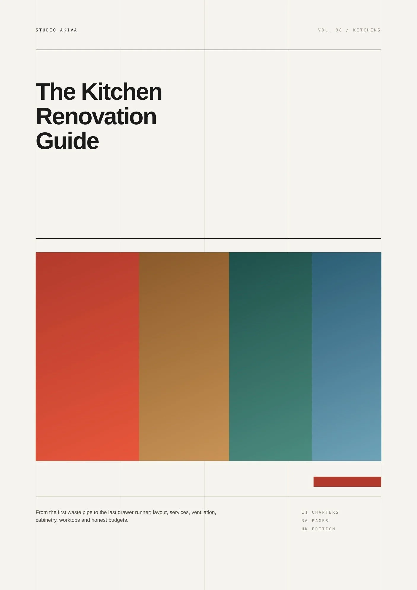 Cover of The Kitchen Renovation Guide by Studio Akiva, terracotta and green Swiss editorial design