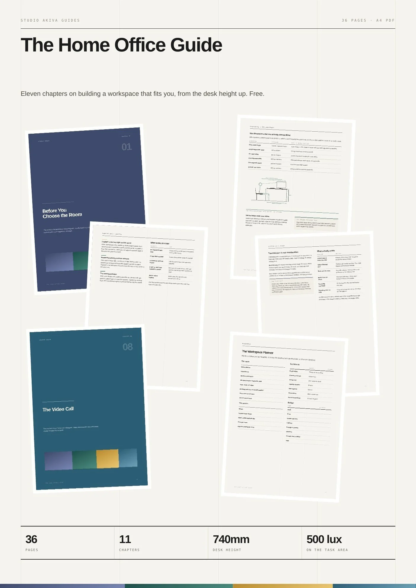 Sample pages from The Home Office Guide showing desk height diagrams, lighting plans and the garden office section