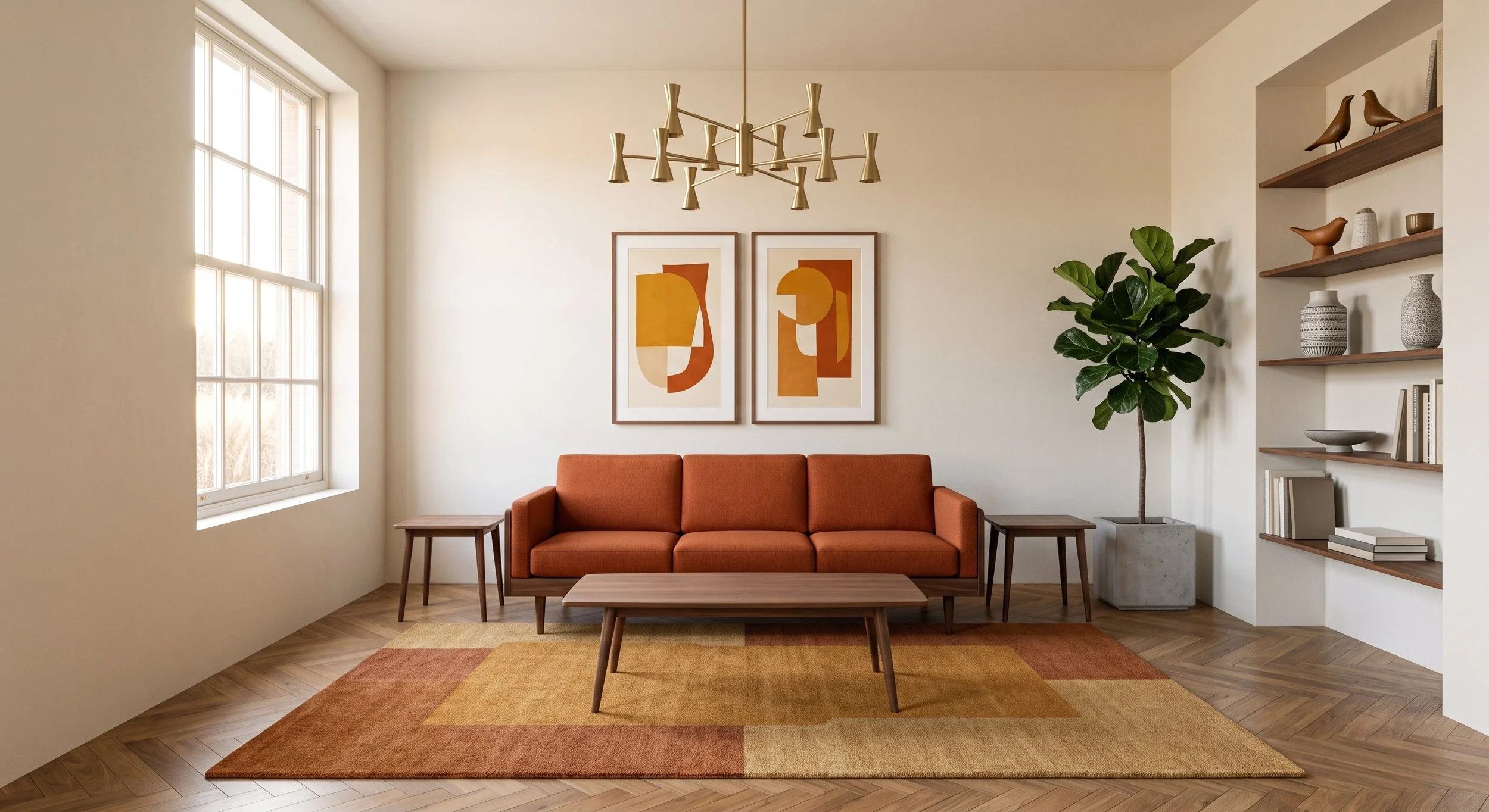 Modern living room with a large window, orange sofa, two small wooden side tables, a coffee table, artwork with warm tones on the wall, a bronze chandelier, a green potted plant, and wooden shelves with decorative objects.