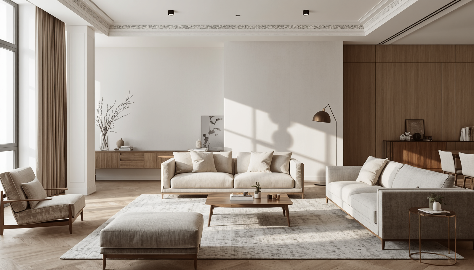 Modern living room with neutral-colored sofas, a wooden coffee table, an armchair, and a patterned rug, with large windows and minimalist decor.