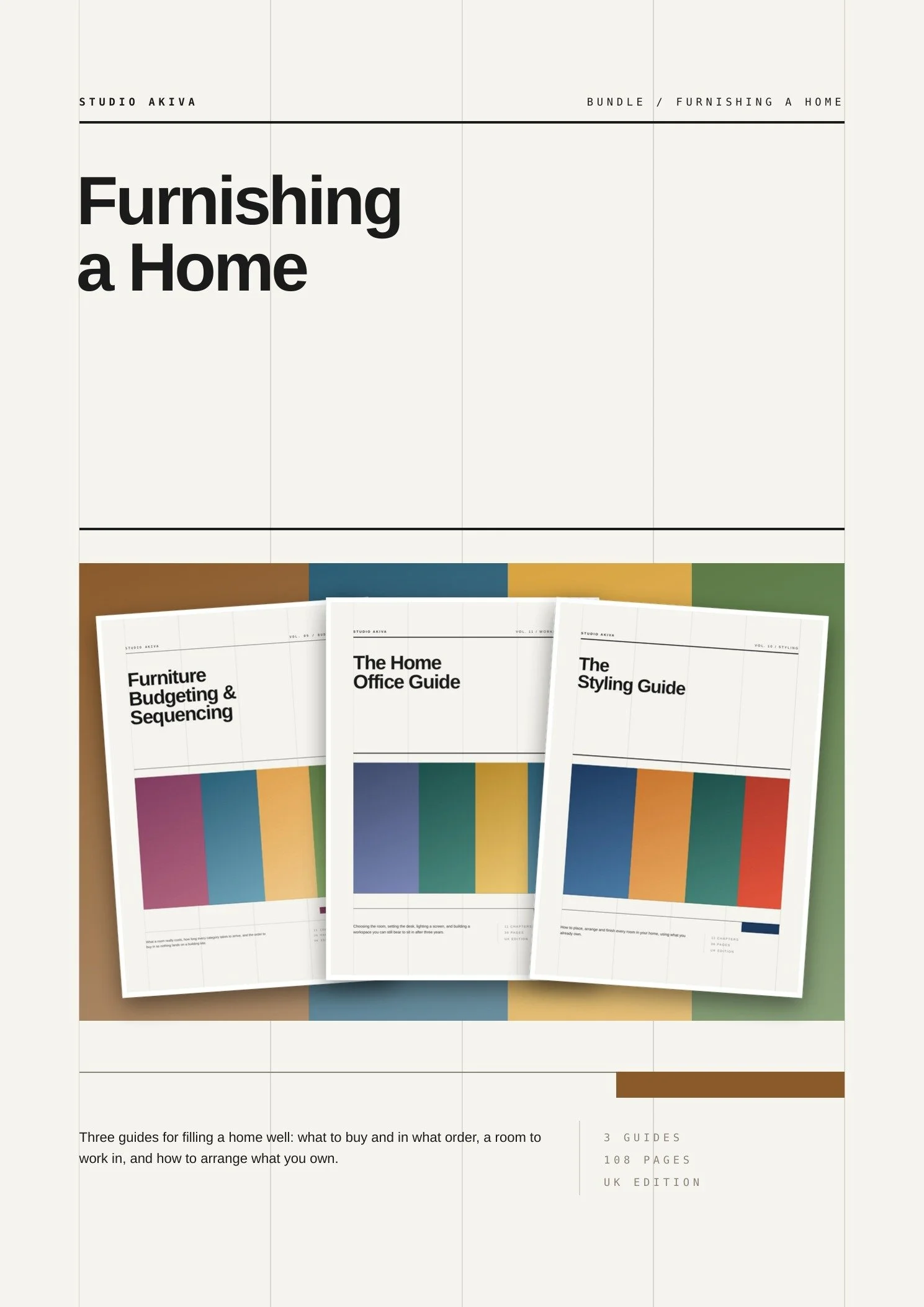 Furnishing a Home, a Studio Akiva bundle of three guides: Furniture Budgeting and Sequencing, The Styling Guide and The Home Office Guide.