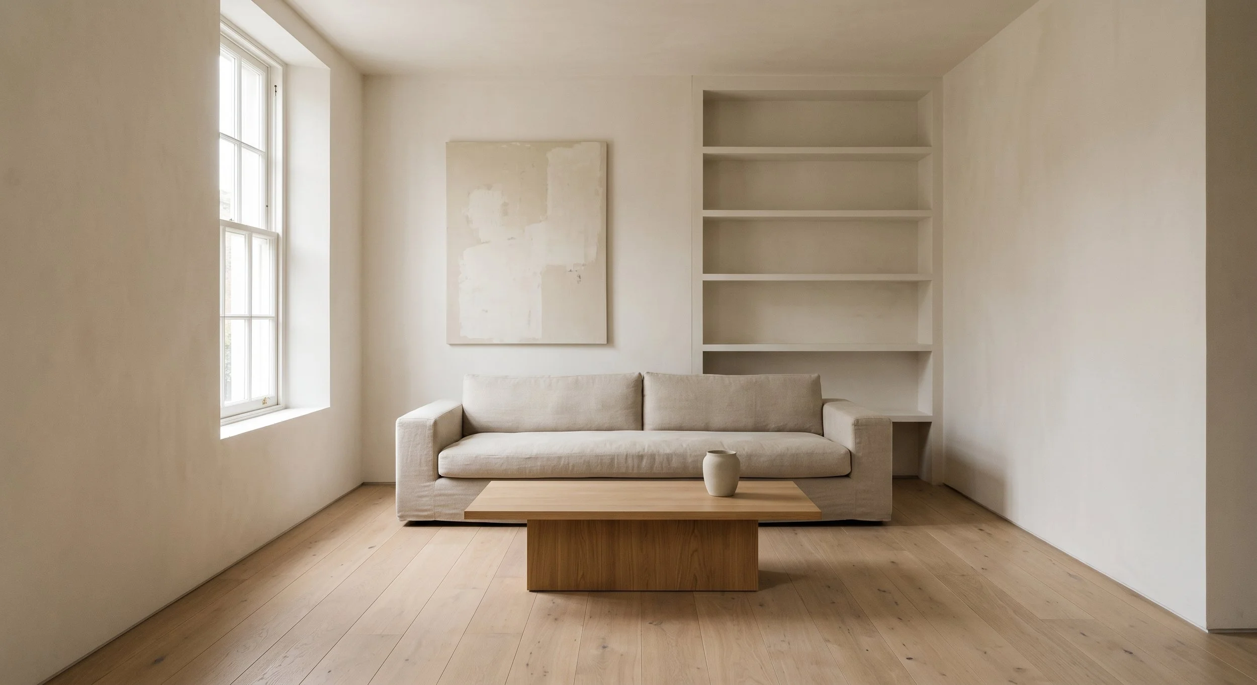 Minimalist living room with large window, beige sofa, wooden coffee table with a small white vase, built-in empty shelves, and a plain abstract art on the wall.