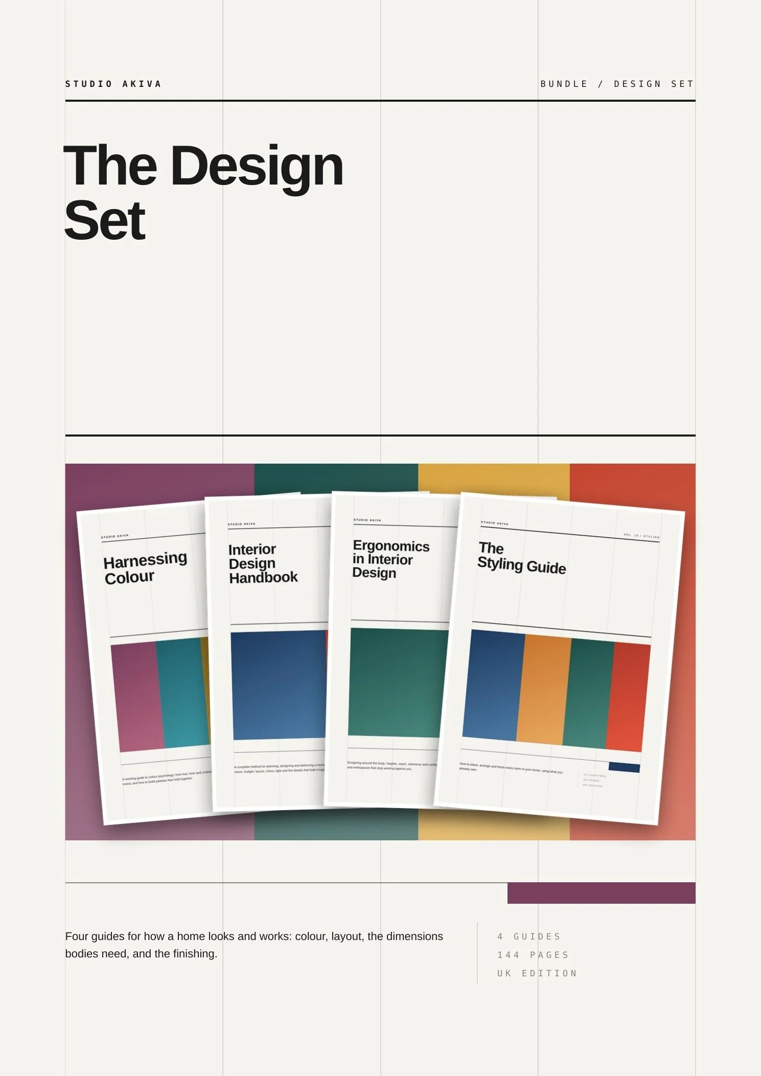The Design Set, a Studio Akiva bundle of four guides: Harnessing Colour, Ergonomics in Interior Design, The Interior Design Handbook and The Styling Guide.