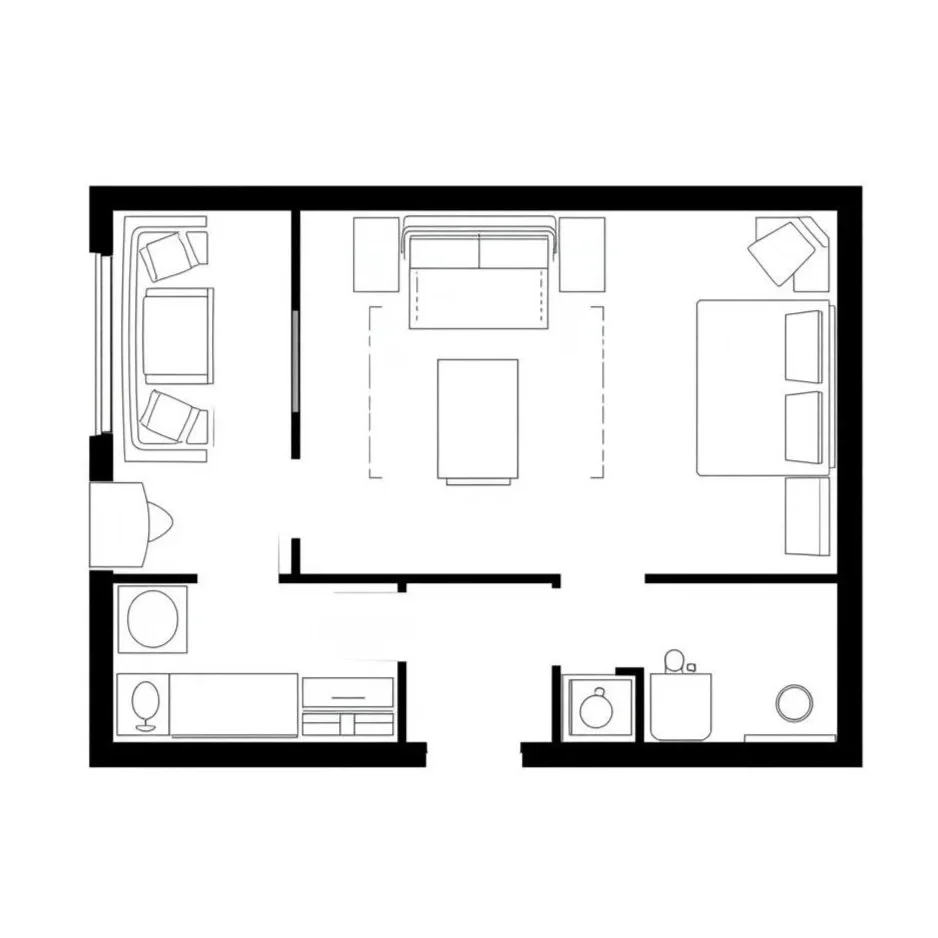 Floor plan of a one-bedroom apartment including a living room, kitchen, bedroom, and bathroom.