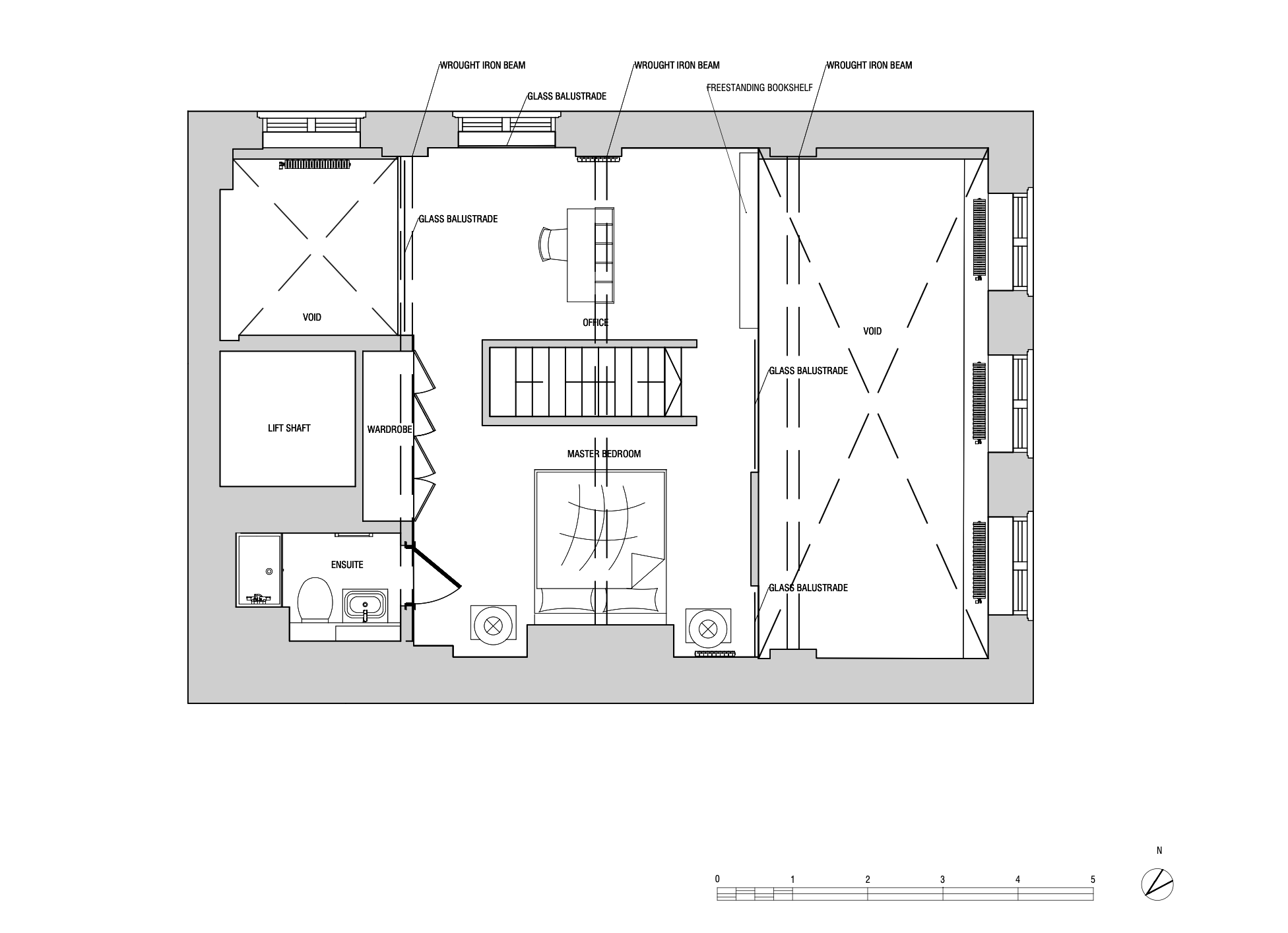 Mezzanine, existing: "Existing mezzanine floor plan showing bedroom, ensuite, office and wardrobe layout before renovation"