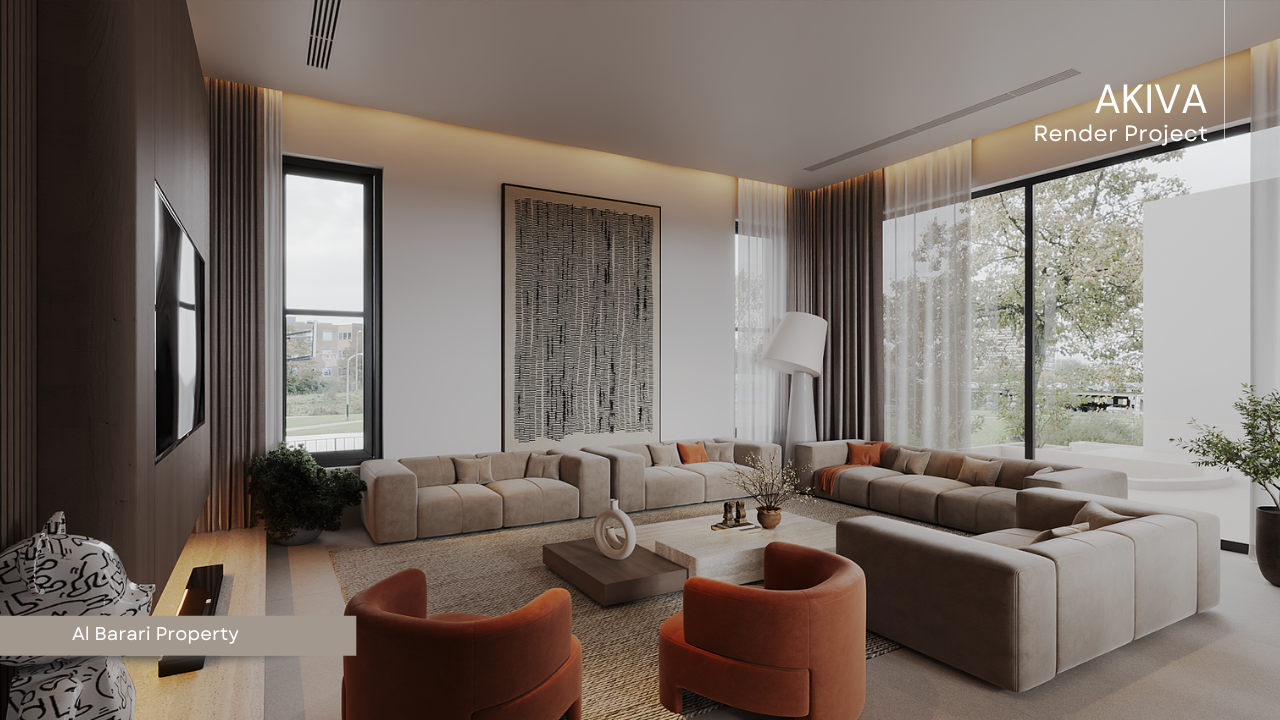 Modern living room with beige sectional sofas, orange armchairs, large windows with sheer curtains, wooden wall paneling, and minimalist decor.
