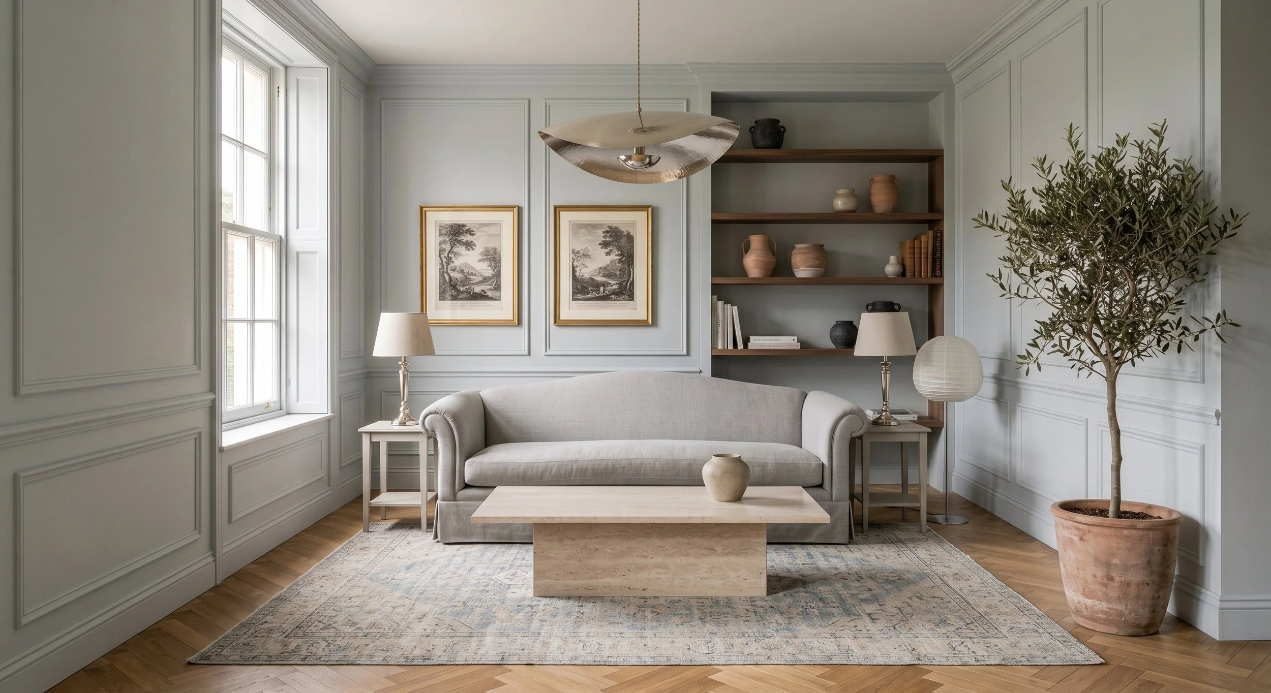A living room with a cream-colored sofa, a wooden coffee table, two side tables with lamps, a large potted plant, wall art, books, and decorative pottery displayed on built-in shelves.