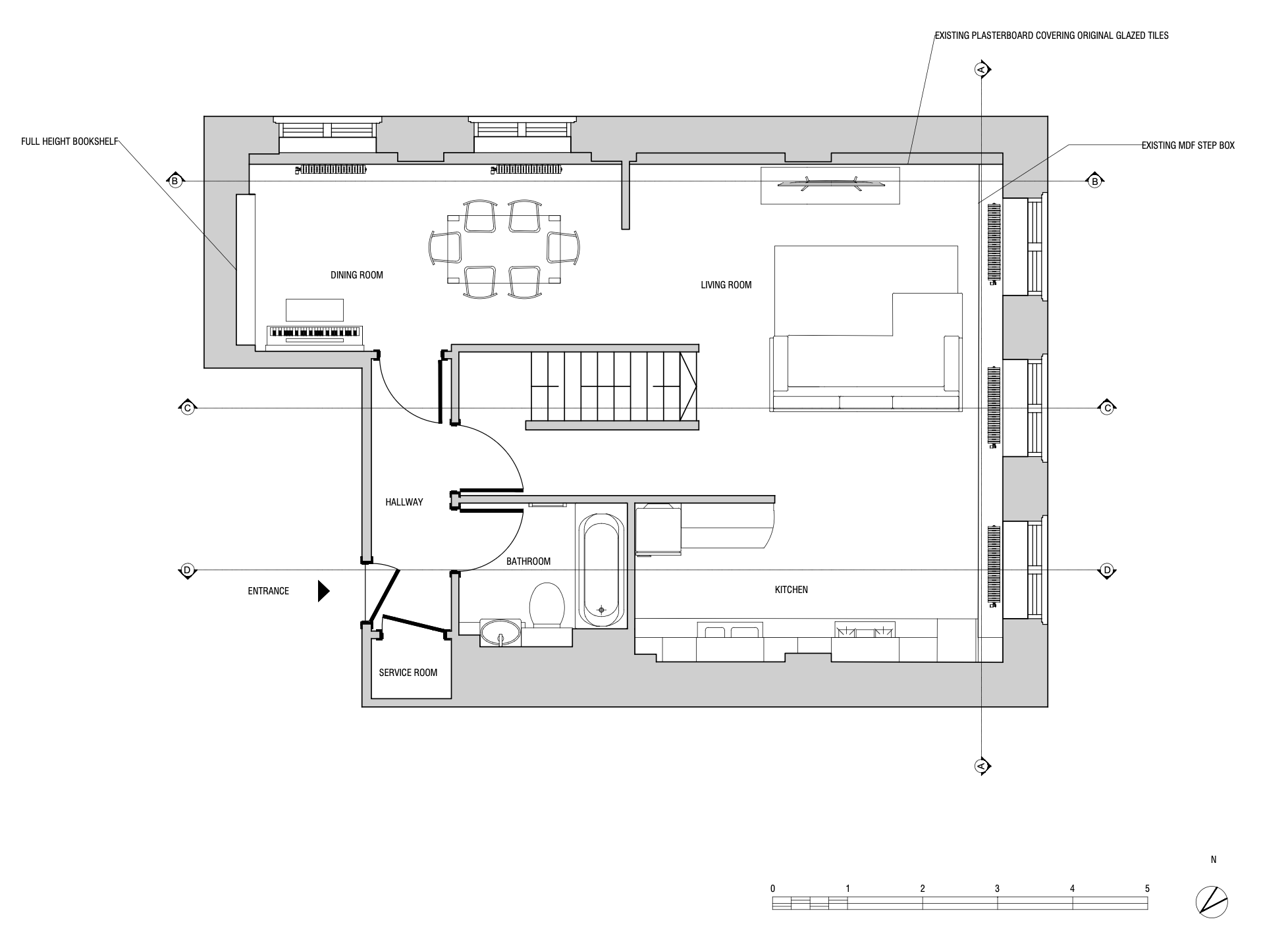 Existing first floor plan showing dining room, living room, kitchen, bathroom and hallway layout before renovation