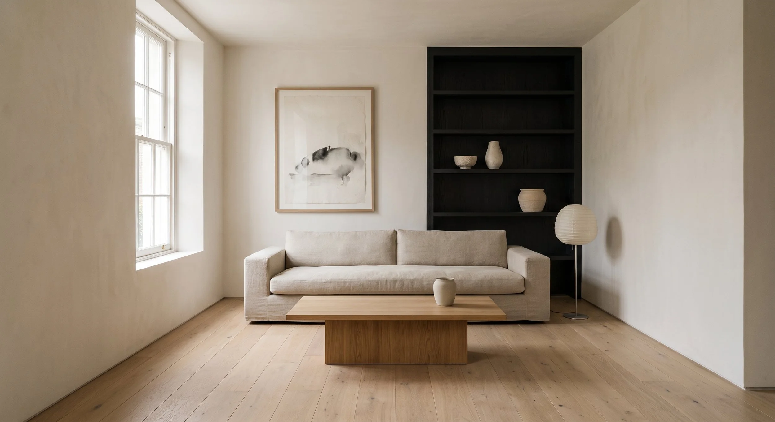 Minimalist living room with large window, beige sofa, wooden coffee table, black bookshelf with pottery, and floor lamp with paper shade.