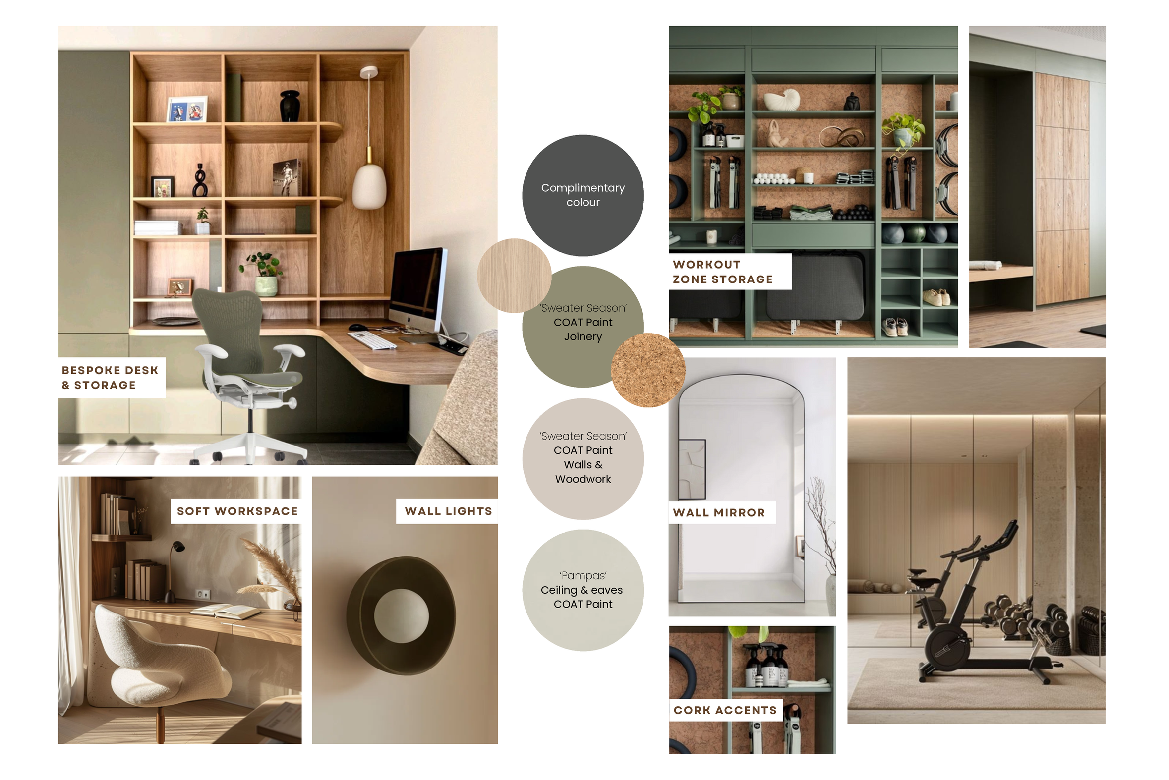 Design mood board showcasing a workspace with a bespoke desk and storage, a workout zone storage with gym equipment, a soft workspace with a chair and bookshelf, a wall mirror, wall lights, cork accents, and images of paint colors for walls, woodwork