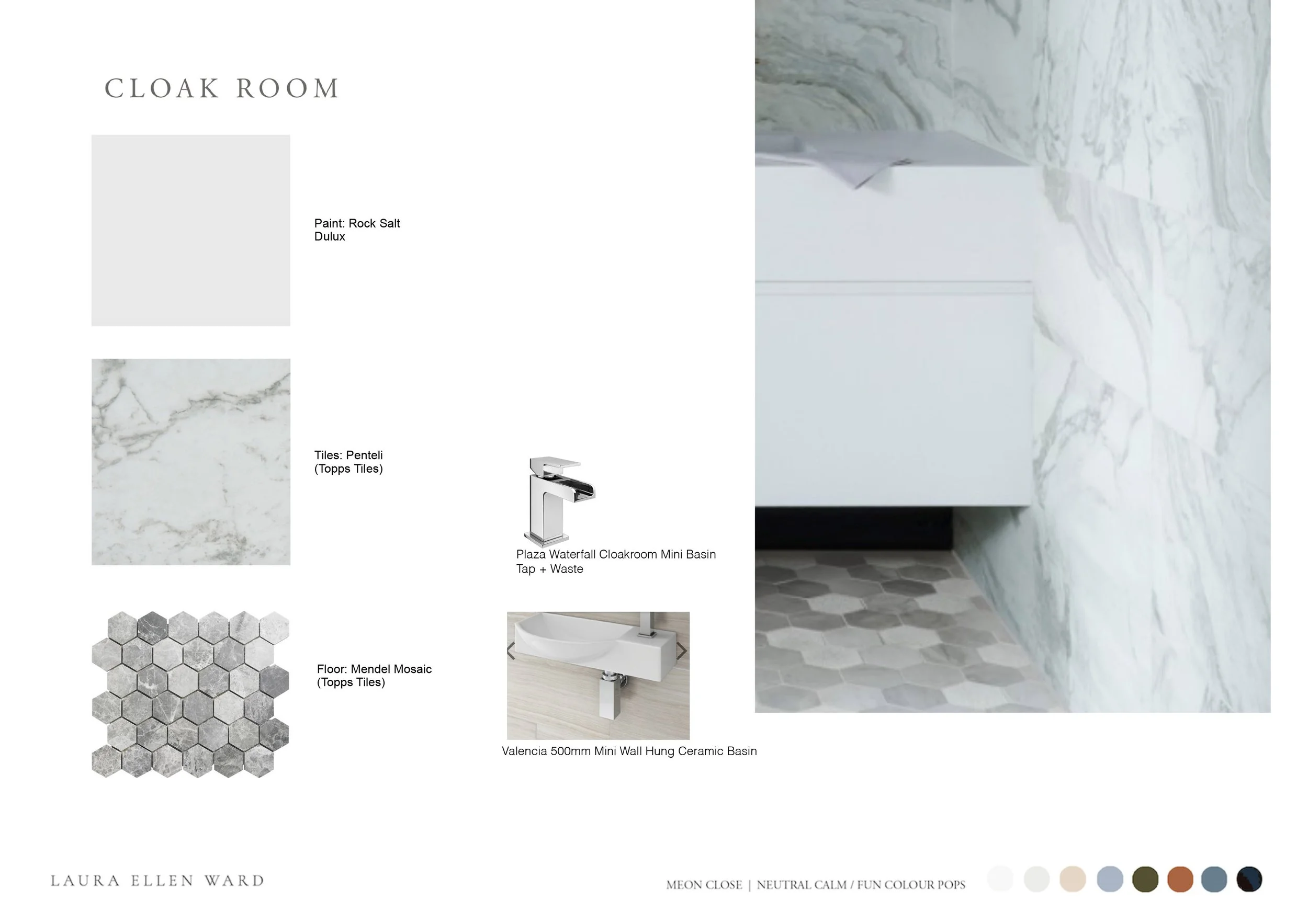 Design plan of a bathroom with marble walls and hexagonal tile flooring, featuring a mini wall-hung ceramic basin, a waterfall cloakroom faucet, and a color palette of neutral and fun hues.