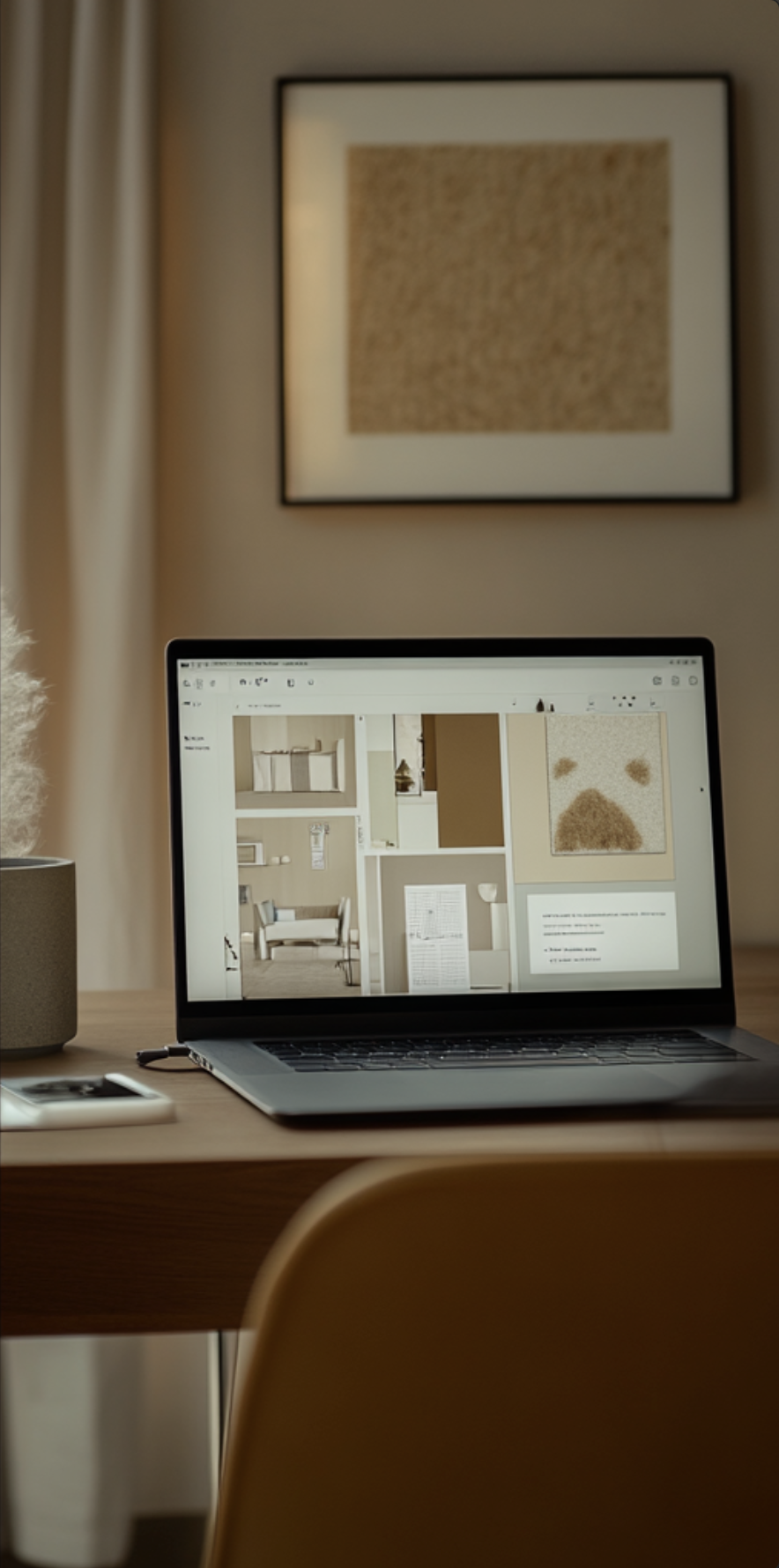 Laptop on wooden desk displaying interior design images, with framed artwork on beige wall behind and a beige curtain to the left.