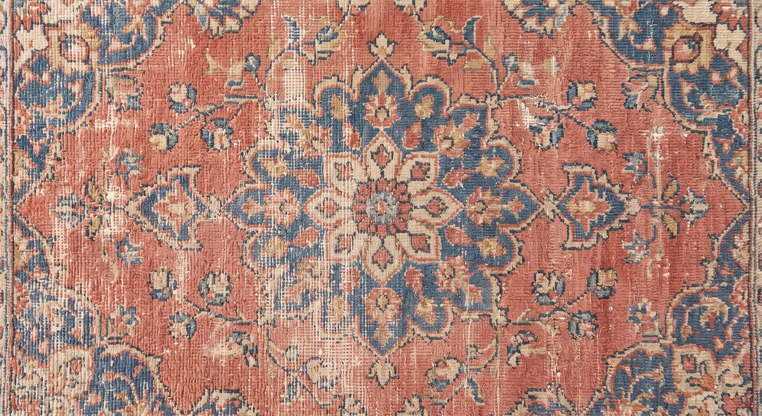 Close-up of a patterned vintage rug with floral and geometric designs in shades of red, blue, beige, and tan.