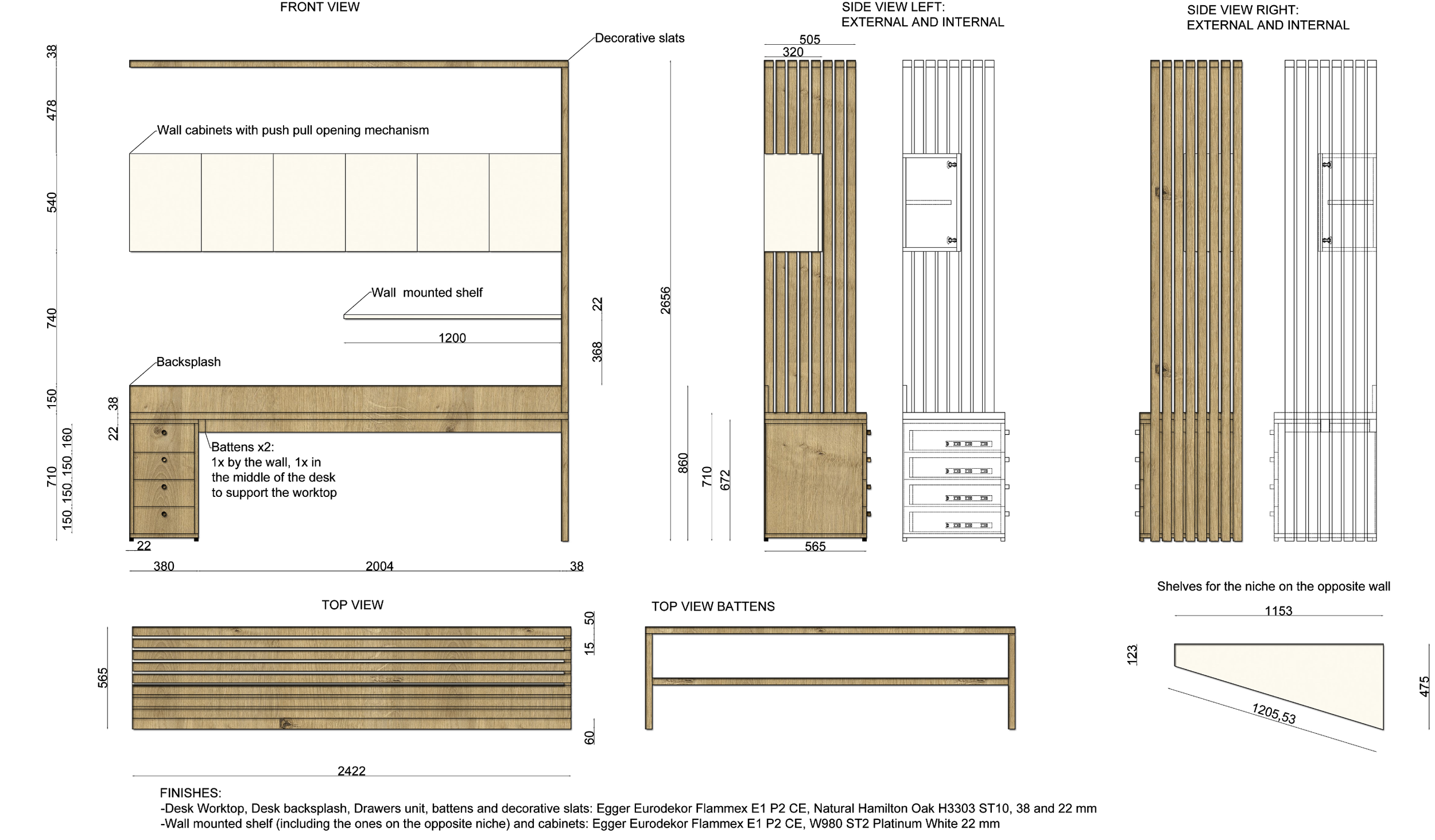 Detailed construction plan for a wall unit with dimensions, showing front, side, and top views, including cabinets, shelves, battens, and decorative slats.