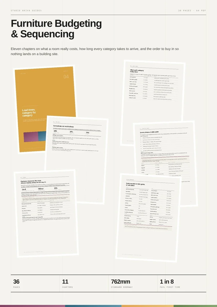 Sample pages from the Furniture Budgeting and Sequencing Guide showing lead times by category and the order of works