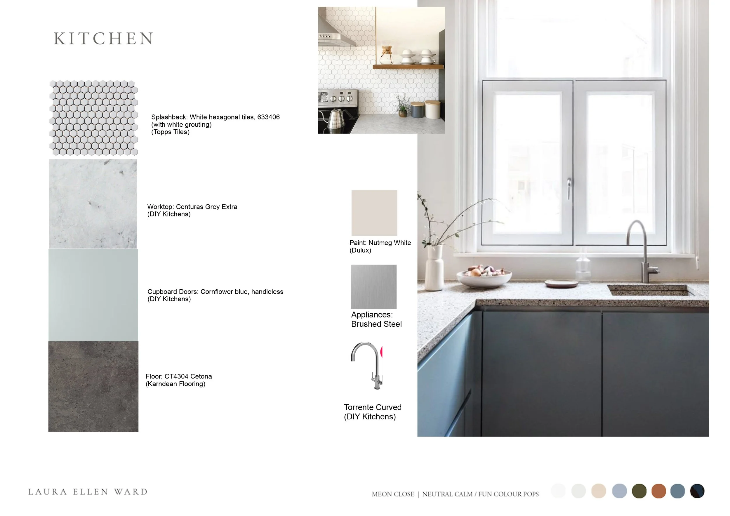Design board for a kitchen featuring white hexagonal splashback tiles, a light grey marble worktop, cornflower blue handleless cupboard doors, and a grey flooring. The kitchen has a large window with a white frame, a stainless steel curved sink fauce