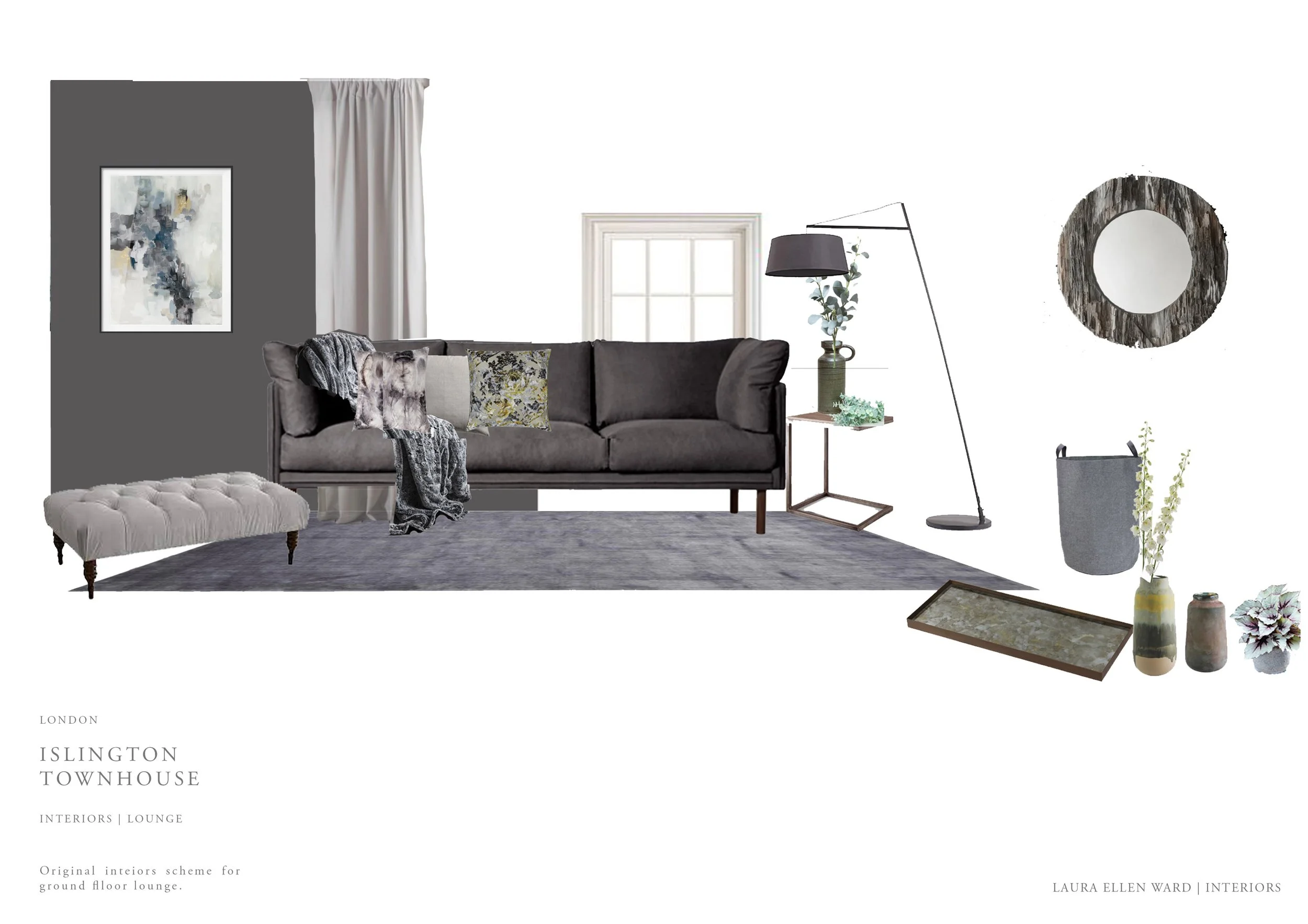 Living room interior with dark gray sofa, white tufted bench, abstract wall art, white curtains, floor lamp, side table with plant, decorative vases, round mirror with wooden frame, and various decorative items.