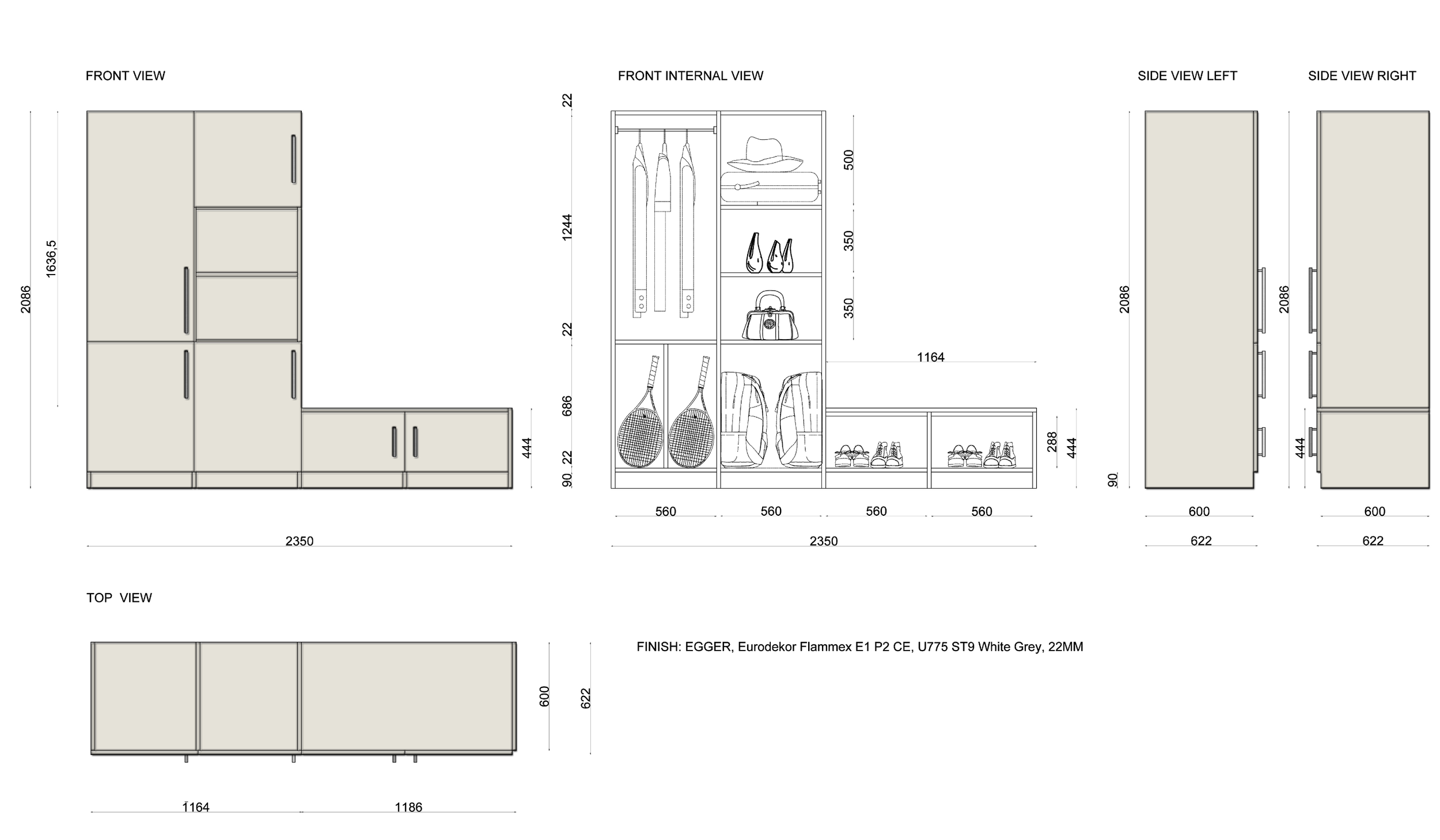 Technical drawing of a wardrobe with detailed measurements and internal structure, including sections for hanging clothes, shelves, and shoe storage, finished in white grey.