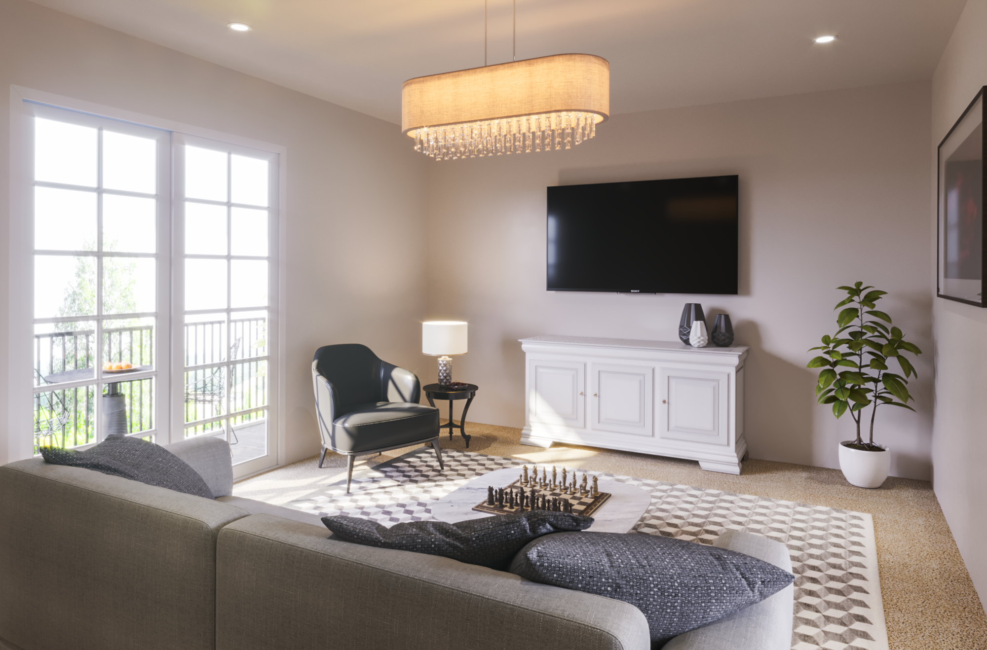 Living room with beige walls, sliding glass doors leading to a balcony, black leather armchair, white cabinet with decorative vases, flat-screen TV, potted plant, table lamp, patterned rug, and chandelier