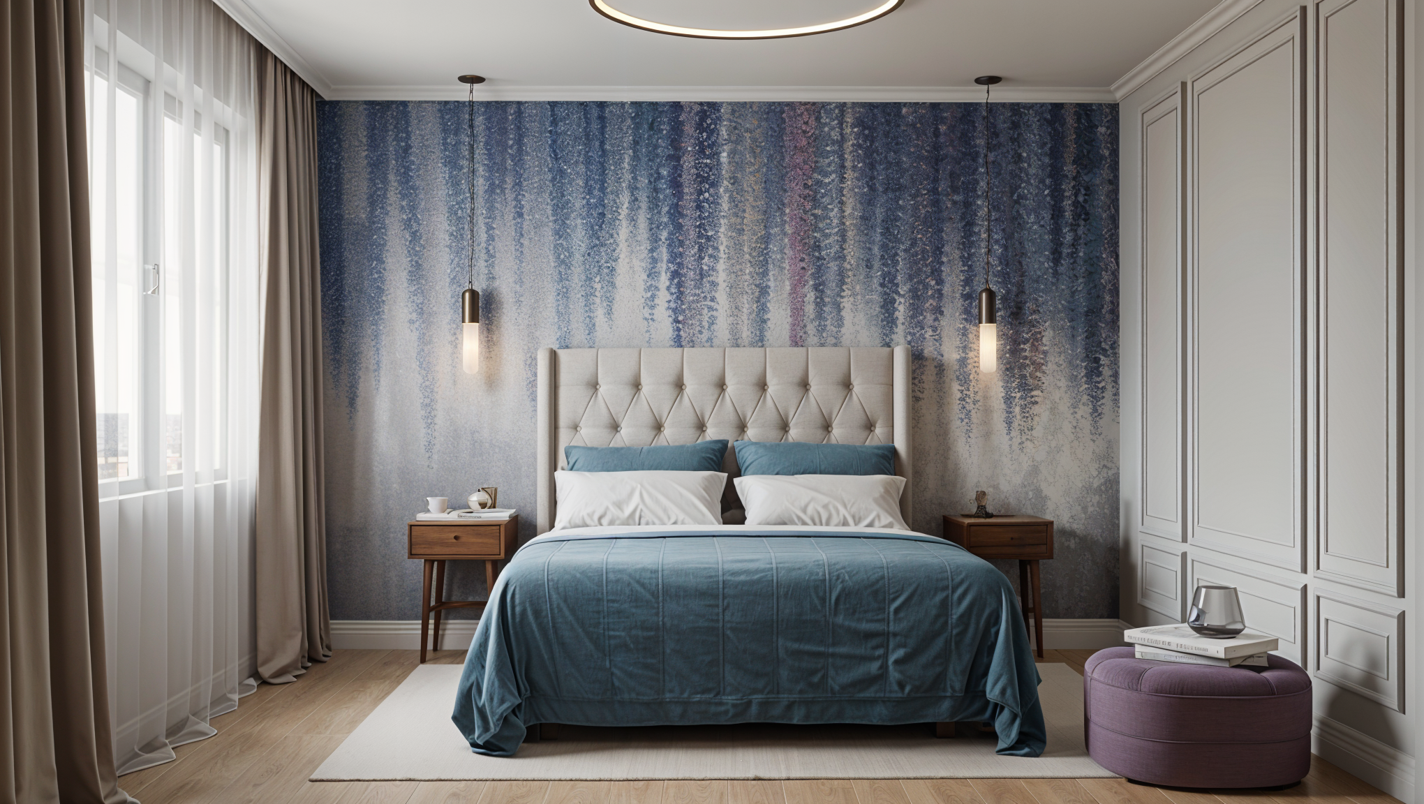 A modern bedroom with a bed featuring a tufted beige headboard, dressed in white and blue bedding. Two bedside tables hold cups and decorative items. A blue abstract mural decorates the wall behind the bed, and pendant lights hang on either side. A l