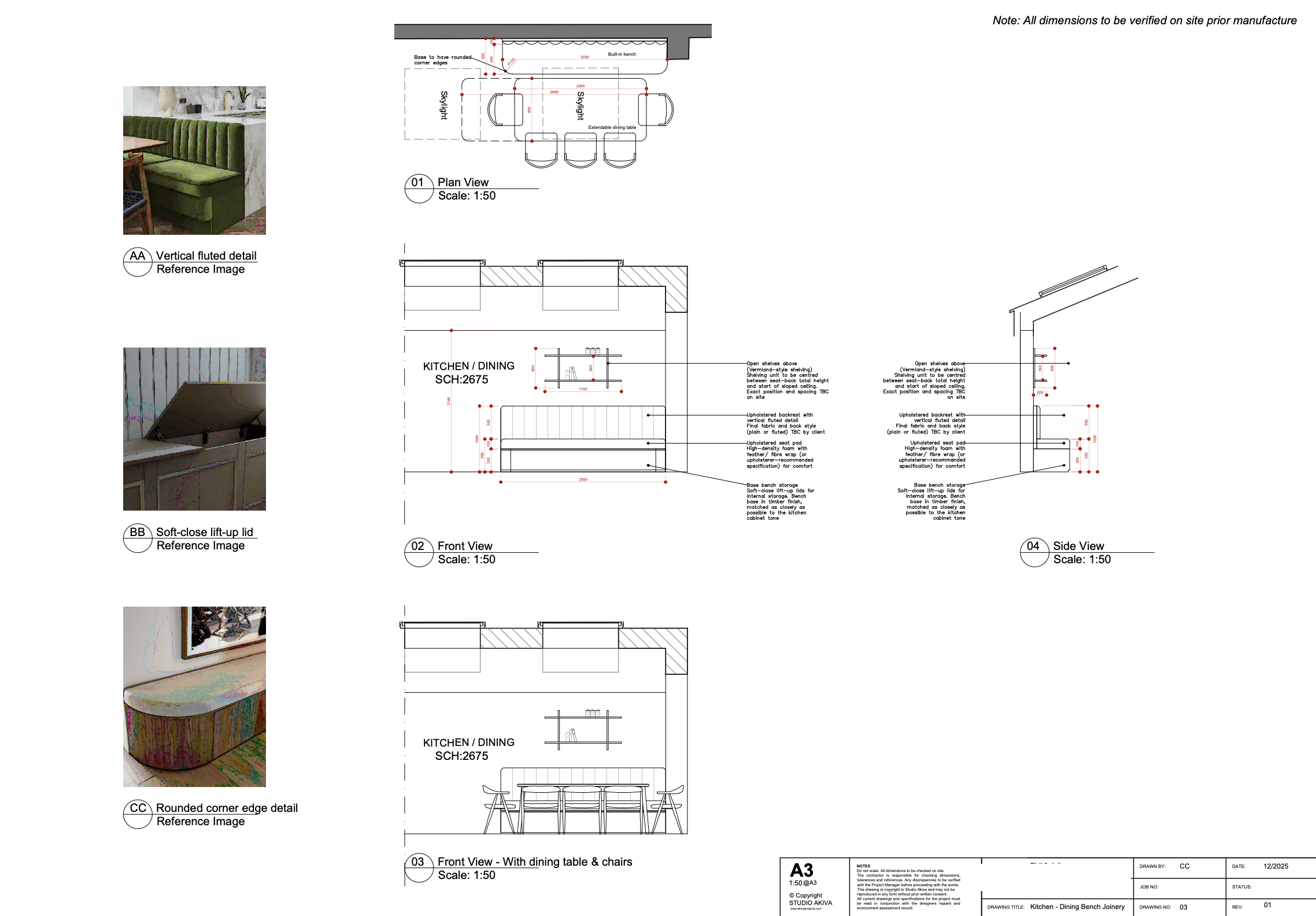 Architectural plan and detail drawings for a kitchen and dining area, including reference images of furniture and fixtures like a bench seat, lift-up lid storage, and rounded corner detail.