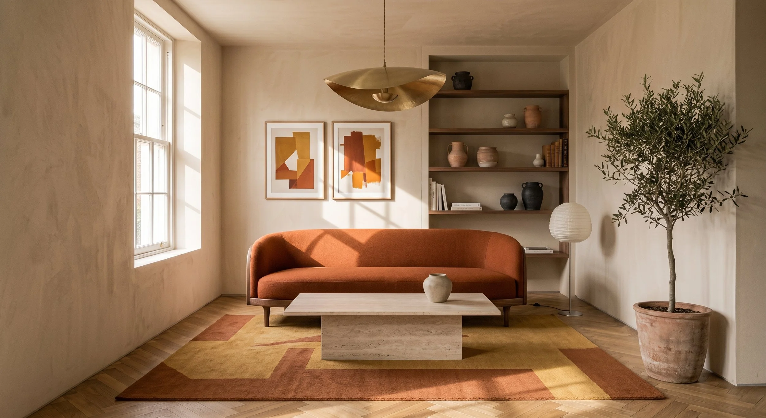 A cozy living room with a large window letting in natural light, a rust-colored sofa, a wooden coffee table with a small ceramic vase, a patterned area rug in warm tones, abstract artwork on the wall, a built-in bookshelf with decorative vases and bo