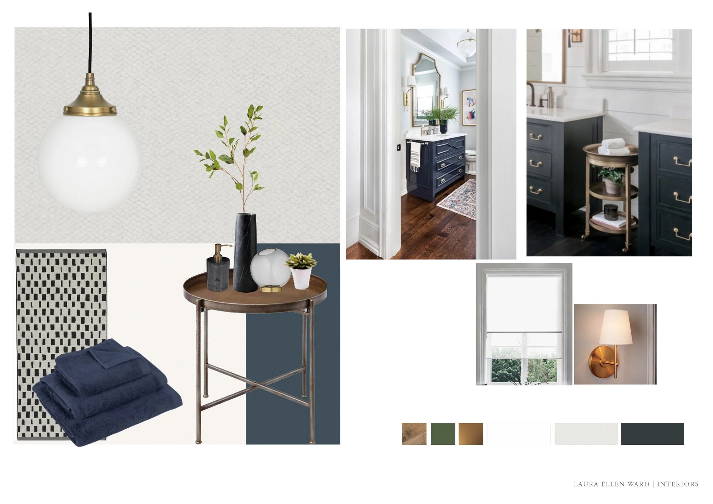 Interior design mood board featuring navy blue vanity, wall-mounted lamp, window with white trim, black color palette, and decor items.