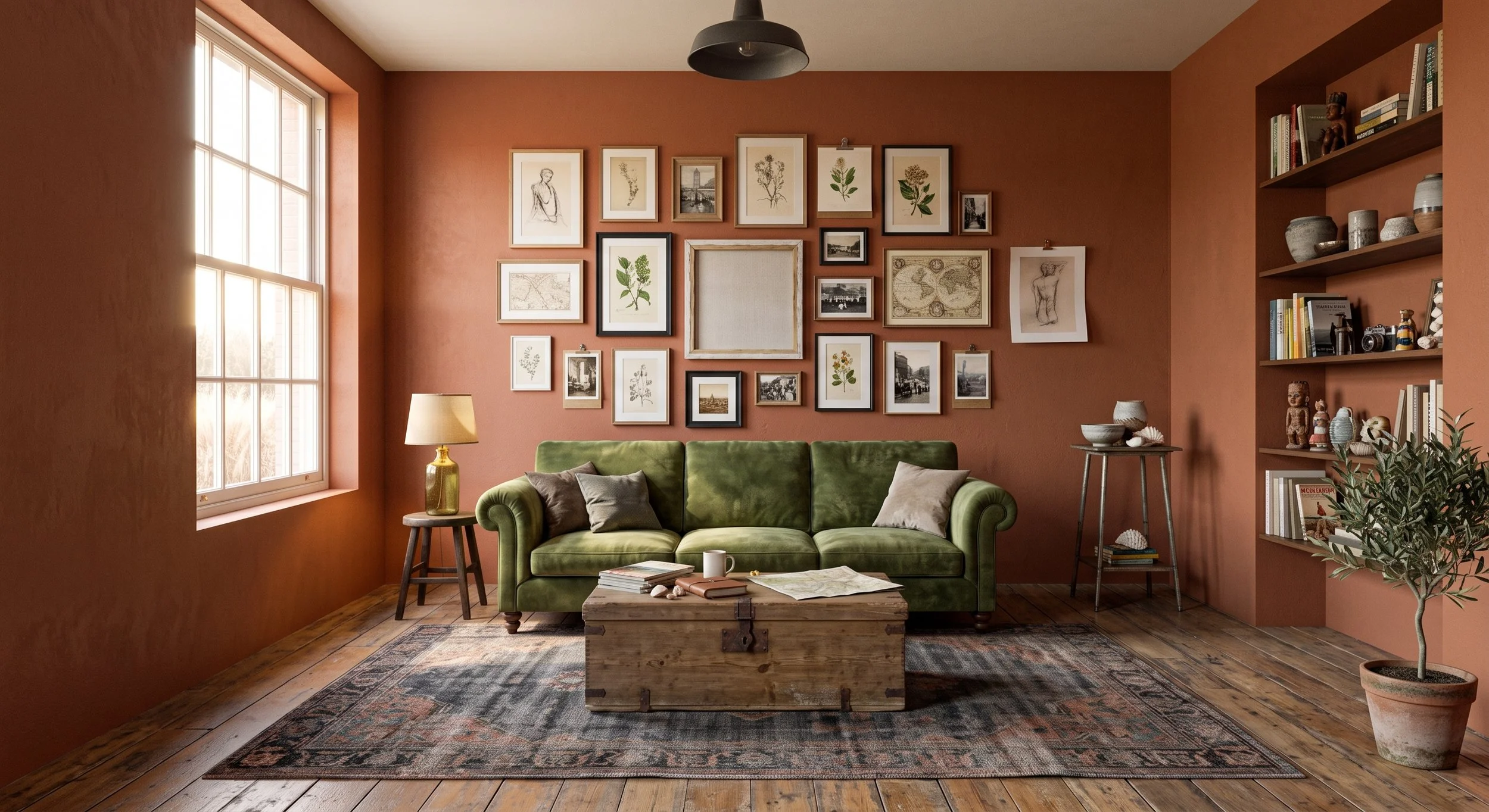 Living room with a green velvet sofa, a wooden trunk coffee table, framed artwork and photographs on a terracotta wall, a window with sunlight, a yellow lamp, a side table with pottery and books, a patterned area rug, and a potted plant.