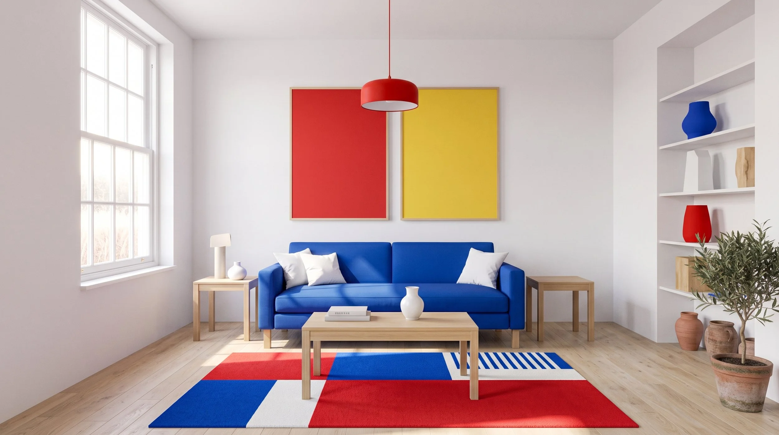 A modern living room with white walls and wood flooring. There is a vibrant blue sofa with white pillows, a wooden coffee table with a white vase and book, and side tables with vases. Behind the sofa are two large, vibrant paintings, one red and one 