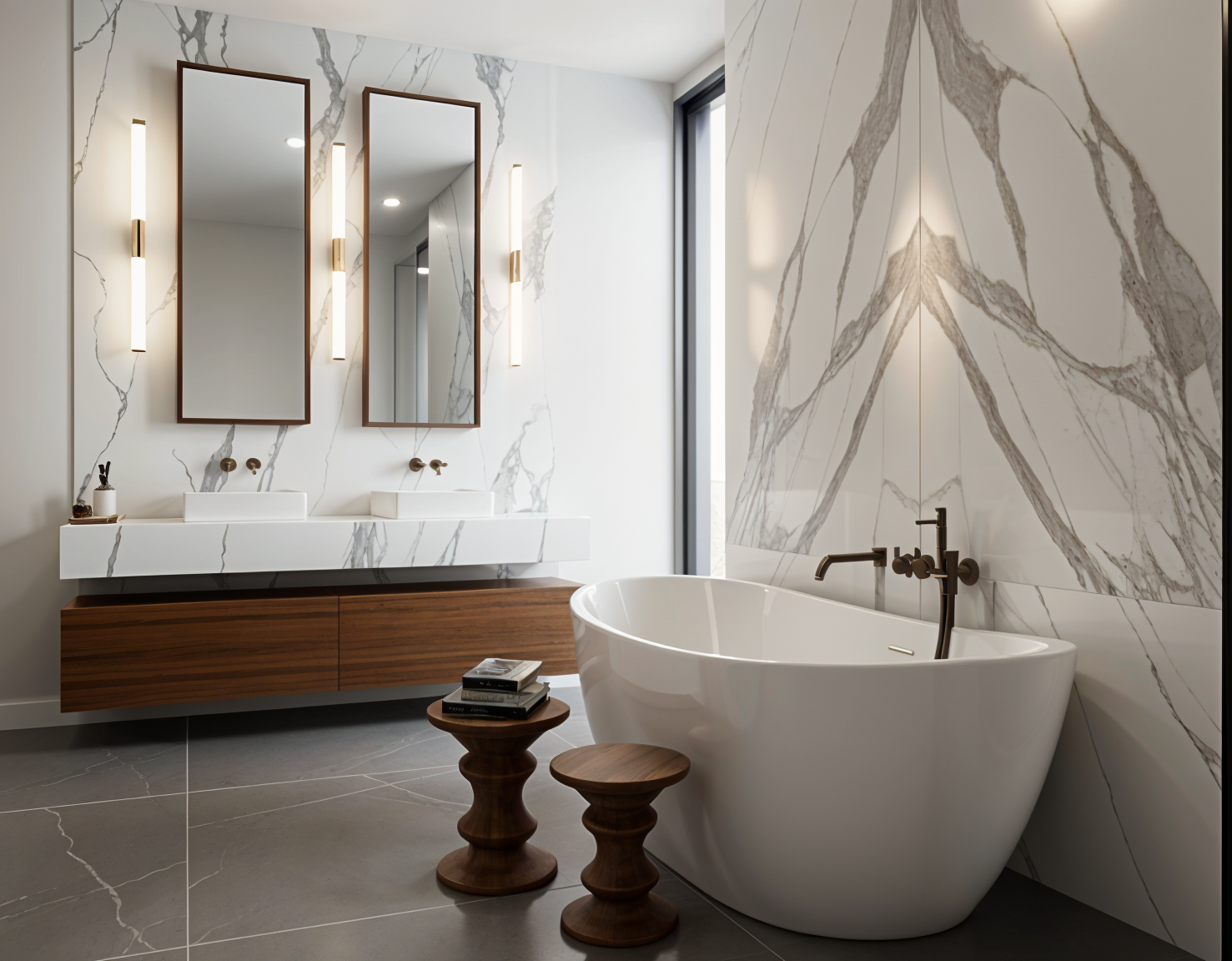 Modern bathroom with marble wall and floor, freestanding bathtub, double sink vanity with mirrors, and wooden stools.