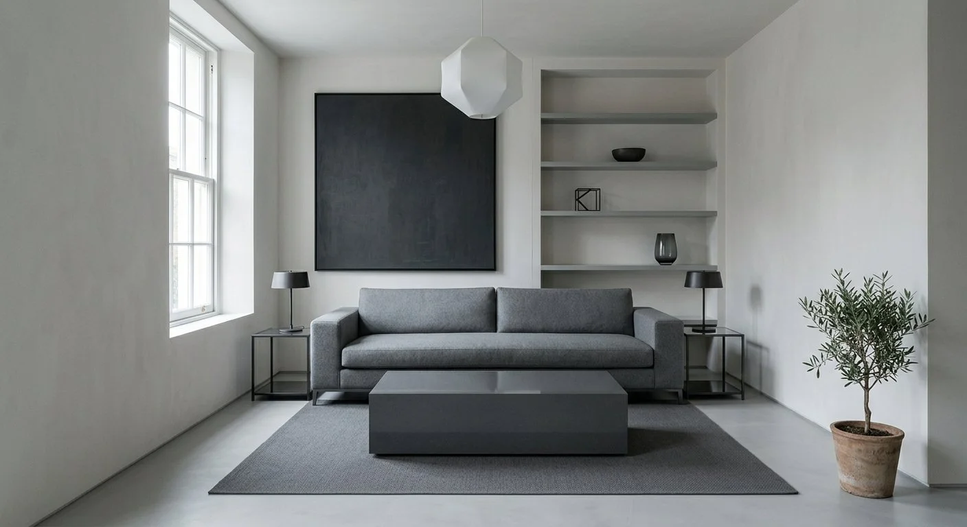 Minimalist living room with a gray sofa, side tables with black lamps, a black wall art piece, built-in white shelves with minimal decor, a potted plant, and a geometric pendant light.