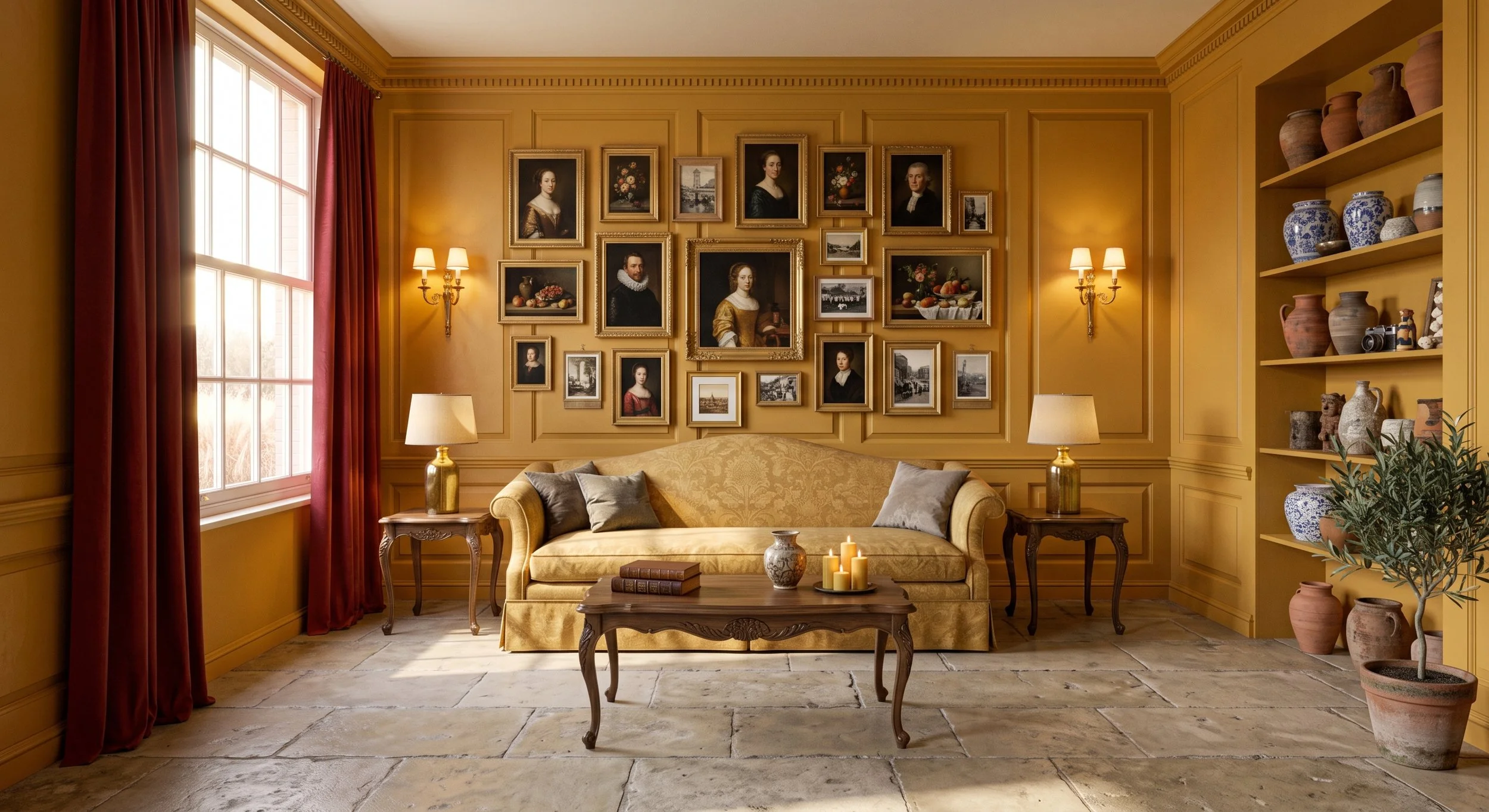 Living room with yellow walls, a large window with red curtains, a yellow sofa with gray and beige pillows, a wooden coffee table with candles and books, framed portraits and paintings on the wall, and shelves with pottery and decorative items.