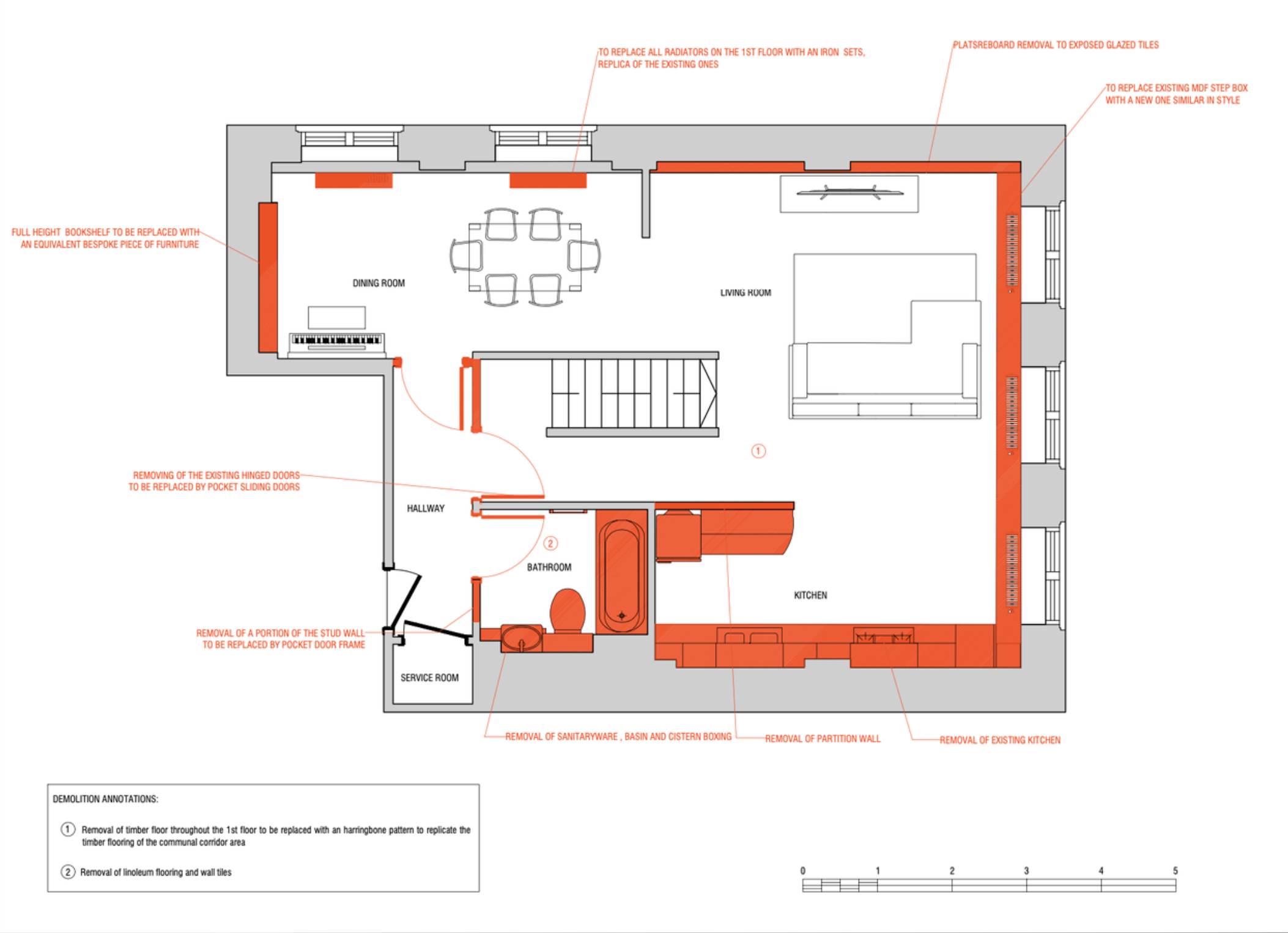 First floor plan marked in red showing proposed kitchen wall and partition removals submitted for conservation approval