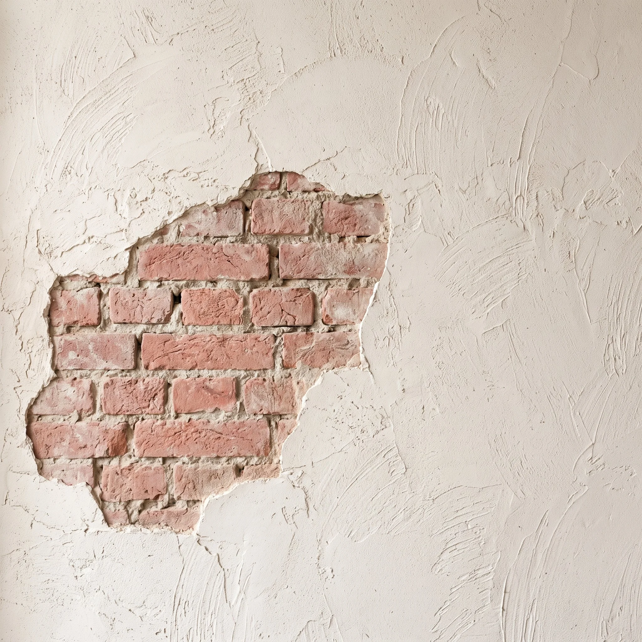 Close-up of a wall with peeling paint revealing red bricks underneath.