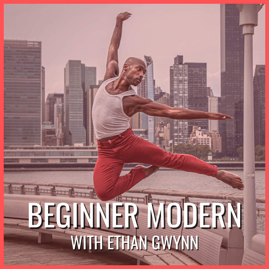 A black male dancer leaping in front of a city skyline with the display text that reads: Beginner Modern with Ethan Gwynn