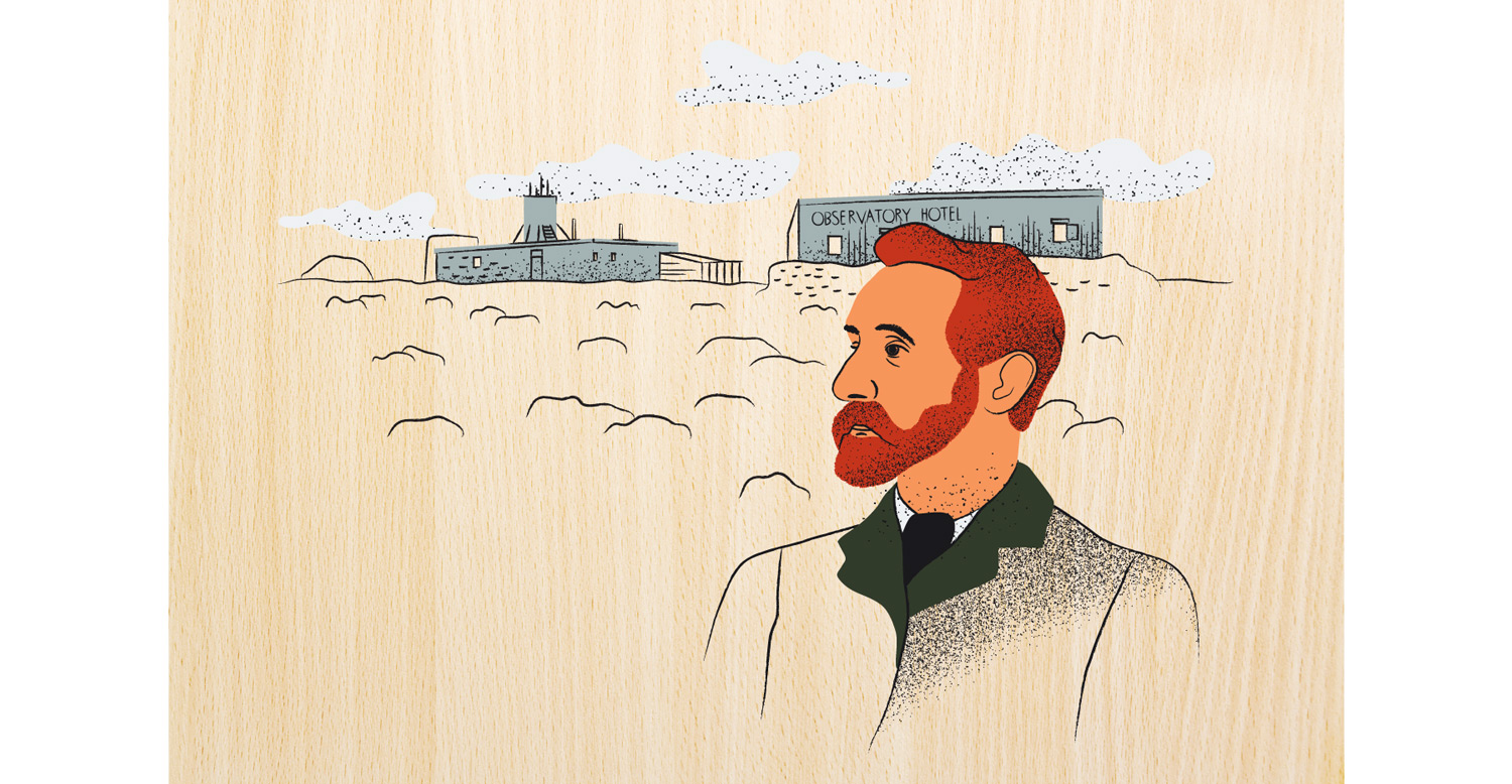 Portrait of Clement Wragge, a meteorologist, with a meteorological observatory on Ben Nevis built in 1883.