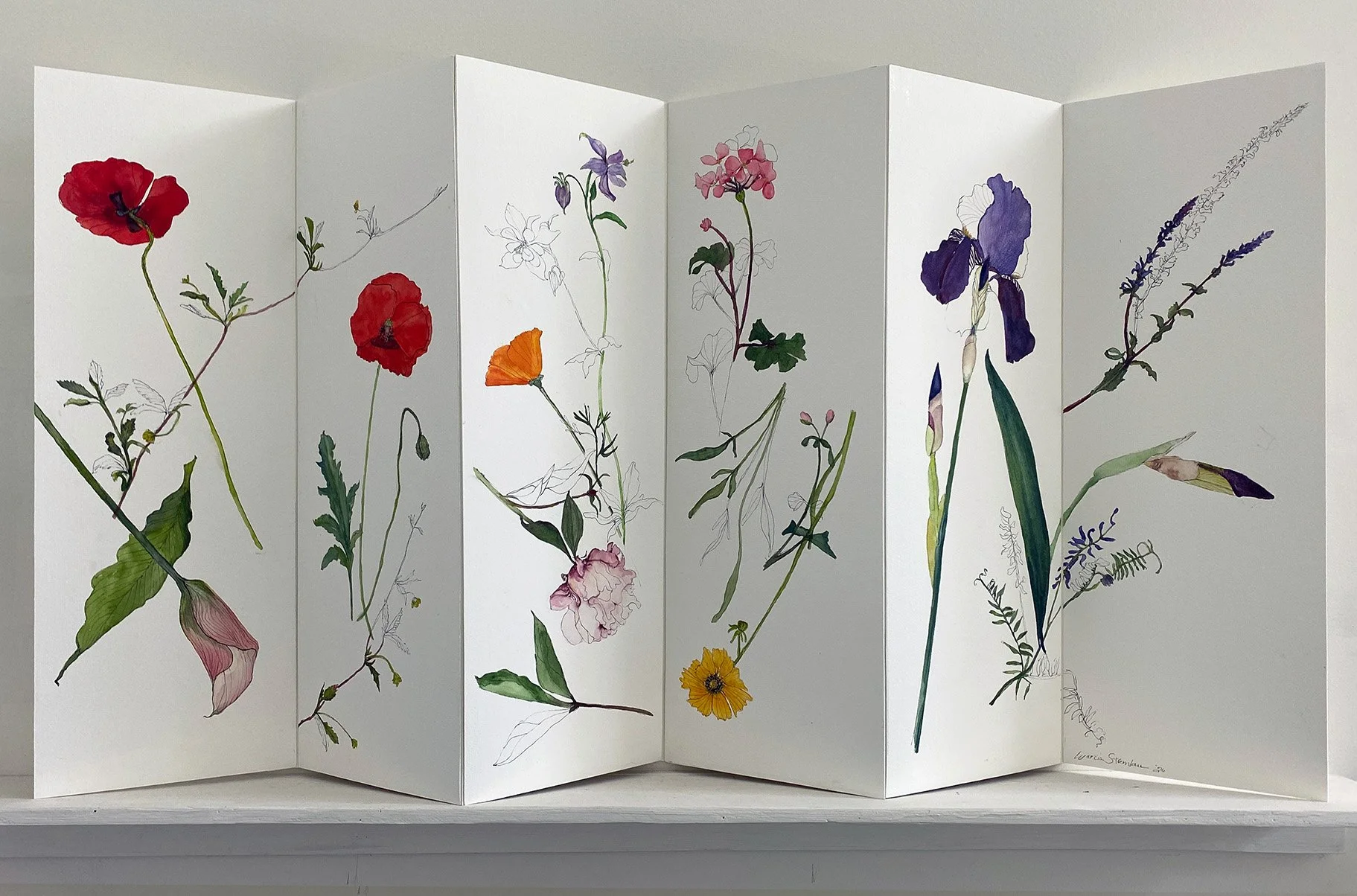 June Flowers, 22x34 inches, ink and watercolor paper folding tryptichs, 2026