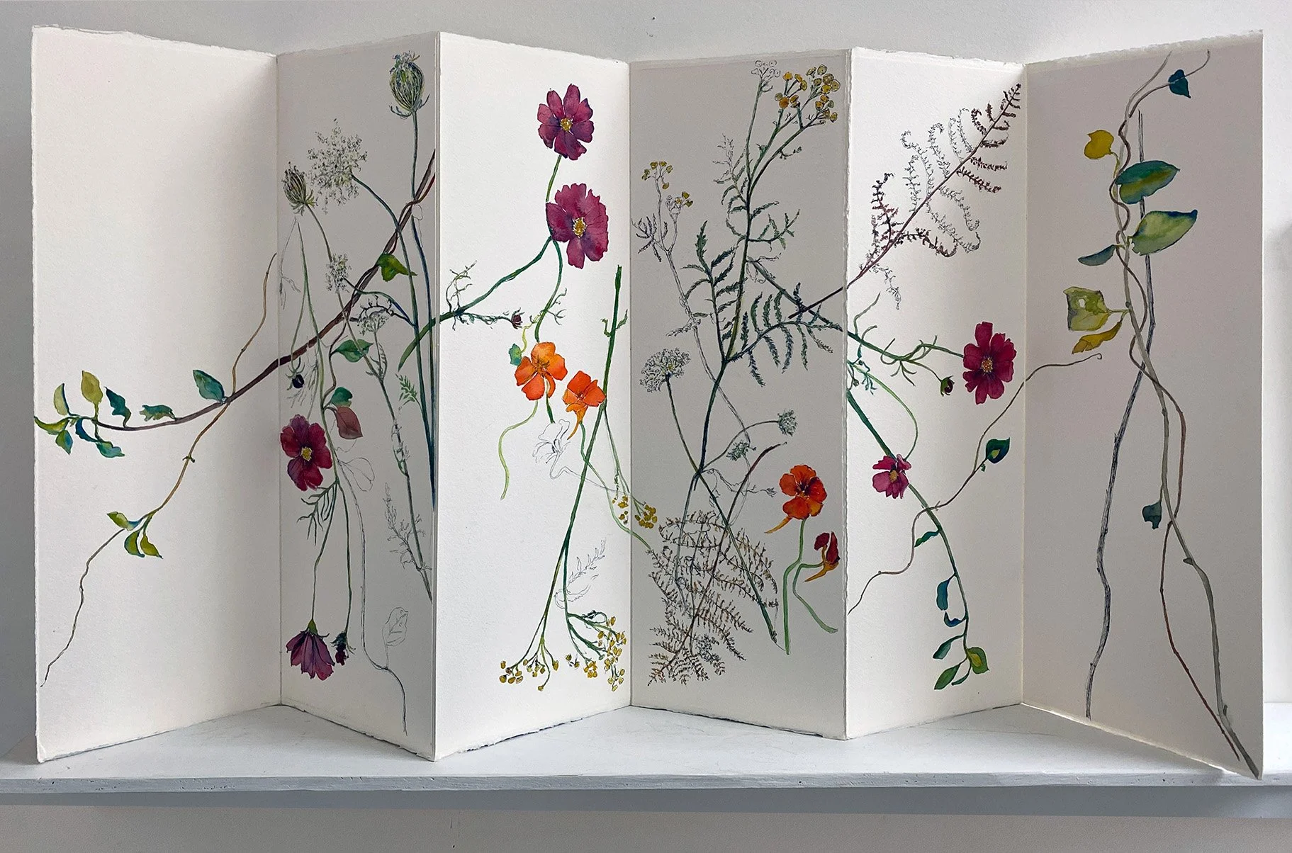 Summer Flowers, 22x34 inches, ink and watercolor paper folding tryptichs, 2022