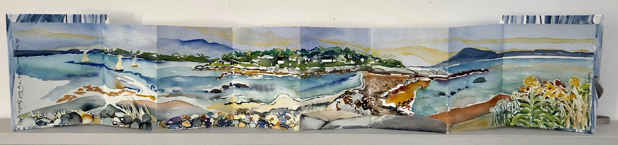 View from the Hub. Three dimensional accordion book: watercolor, ink, cut paper on Arches Text wove paper. 6-1/2”x7” closed. 6-1/2”x34” open.