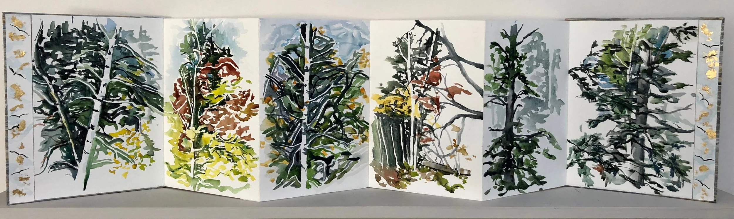 Through the Windows. Large format book: Watercolor, Ink, cut paper on BFK Rives watercolor paper. 11”x9” closed. 11'“x40” open.