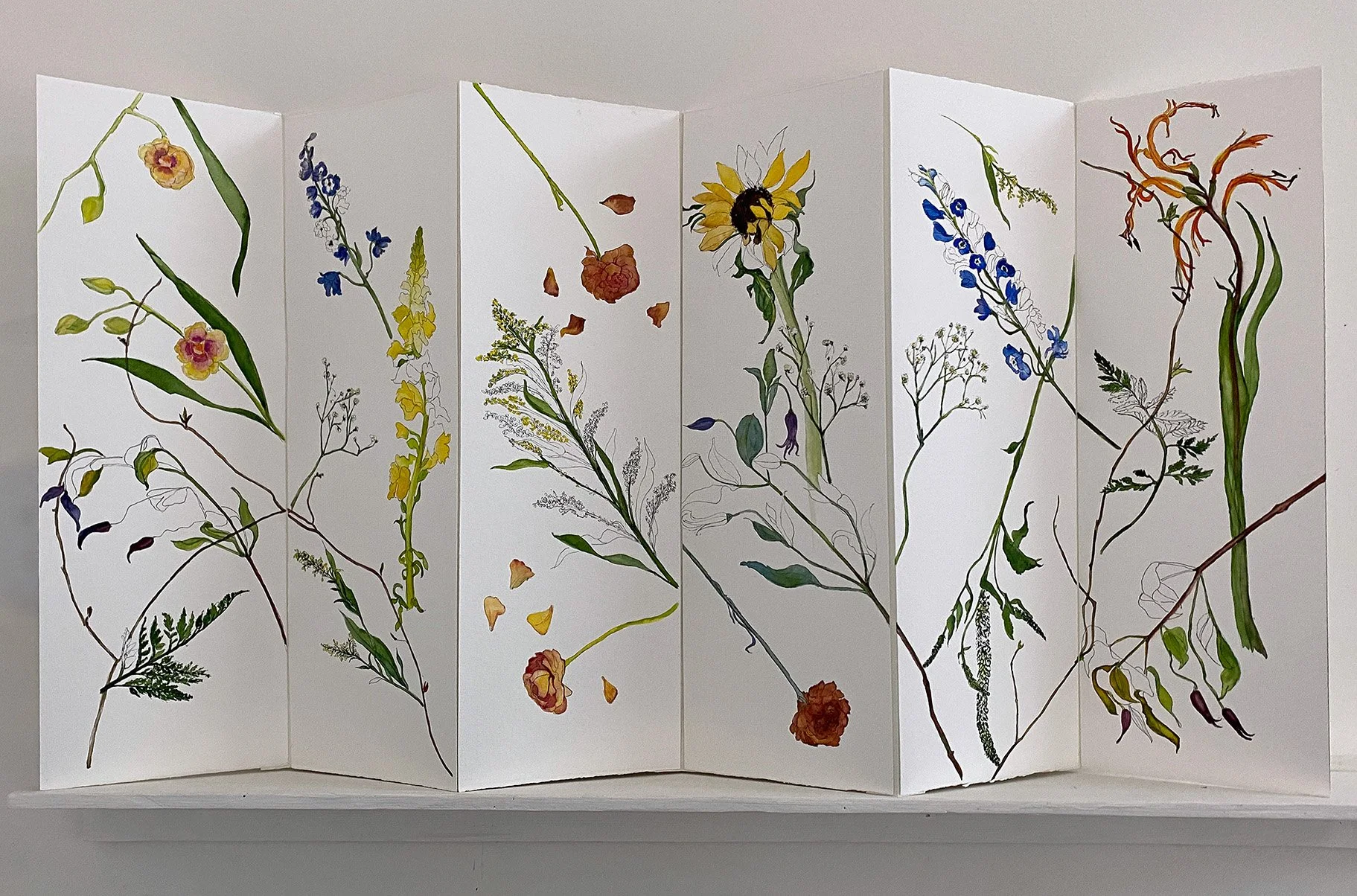 Flower Study, 22x34 inches, ink and watercolor paper folding tryptichs, 2026