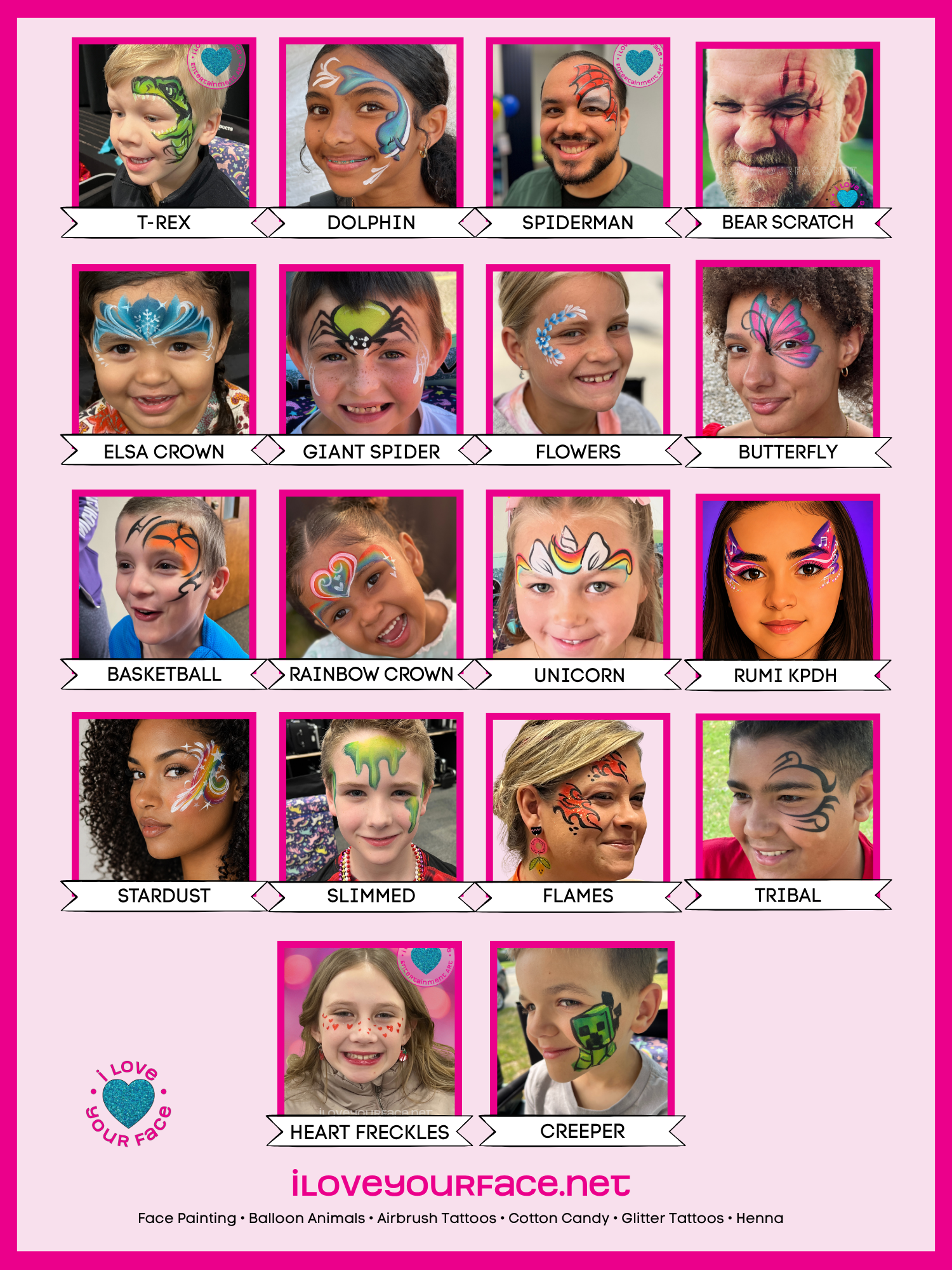 Rows of smiling happy kids and adults with their face painted. Designs for a school carnival in Grand Rapids Michigan