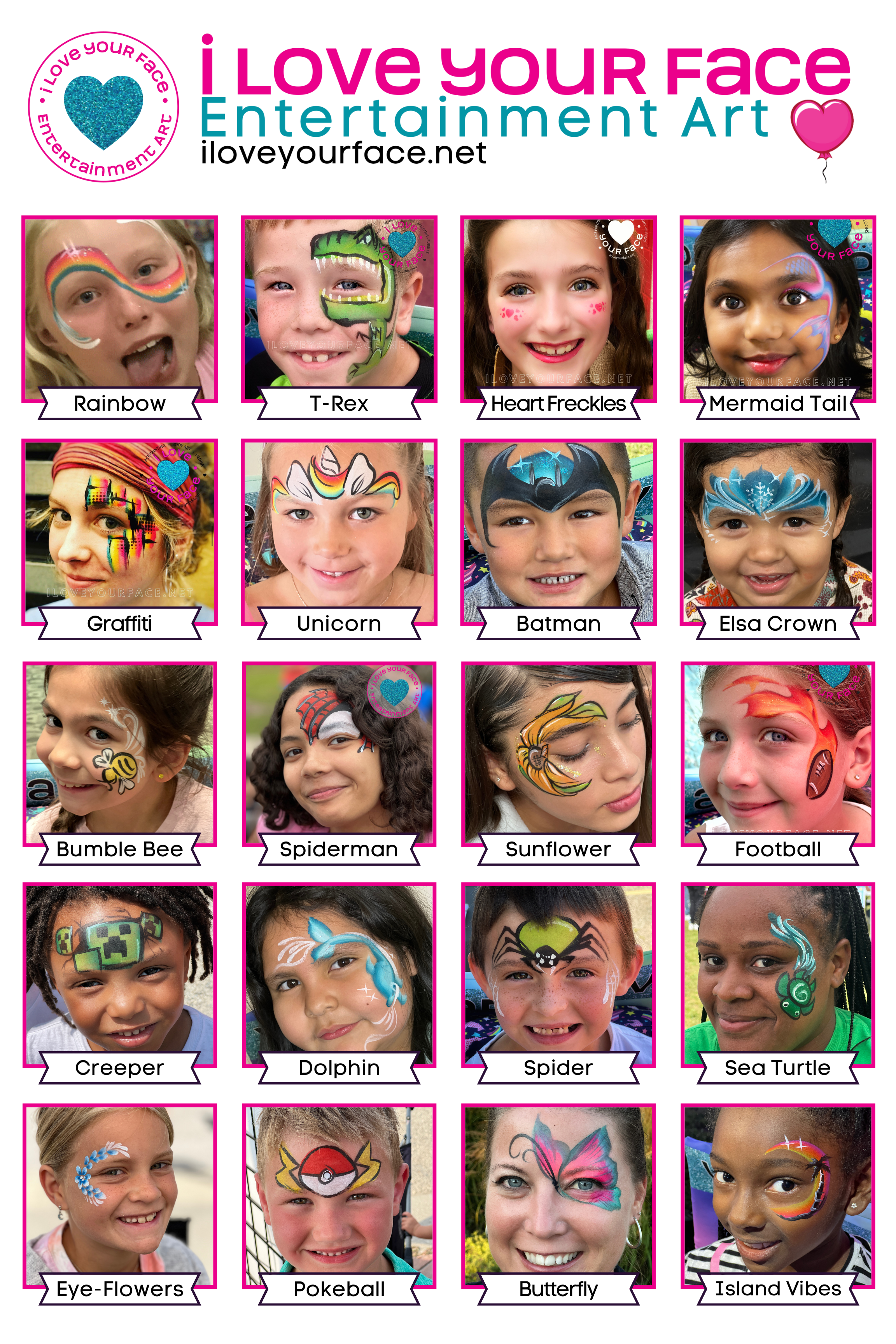 Face Painting for the Grand Rapids RV and Travel Show held at DeVos Place. This is a design menu of painted faces for community events in Michigan