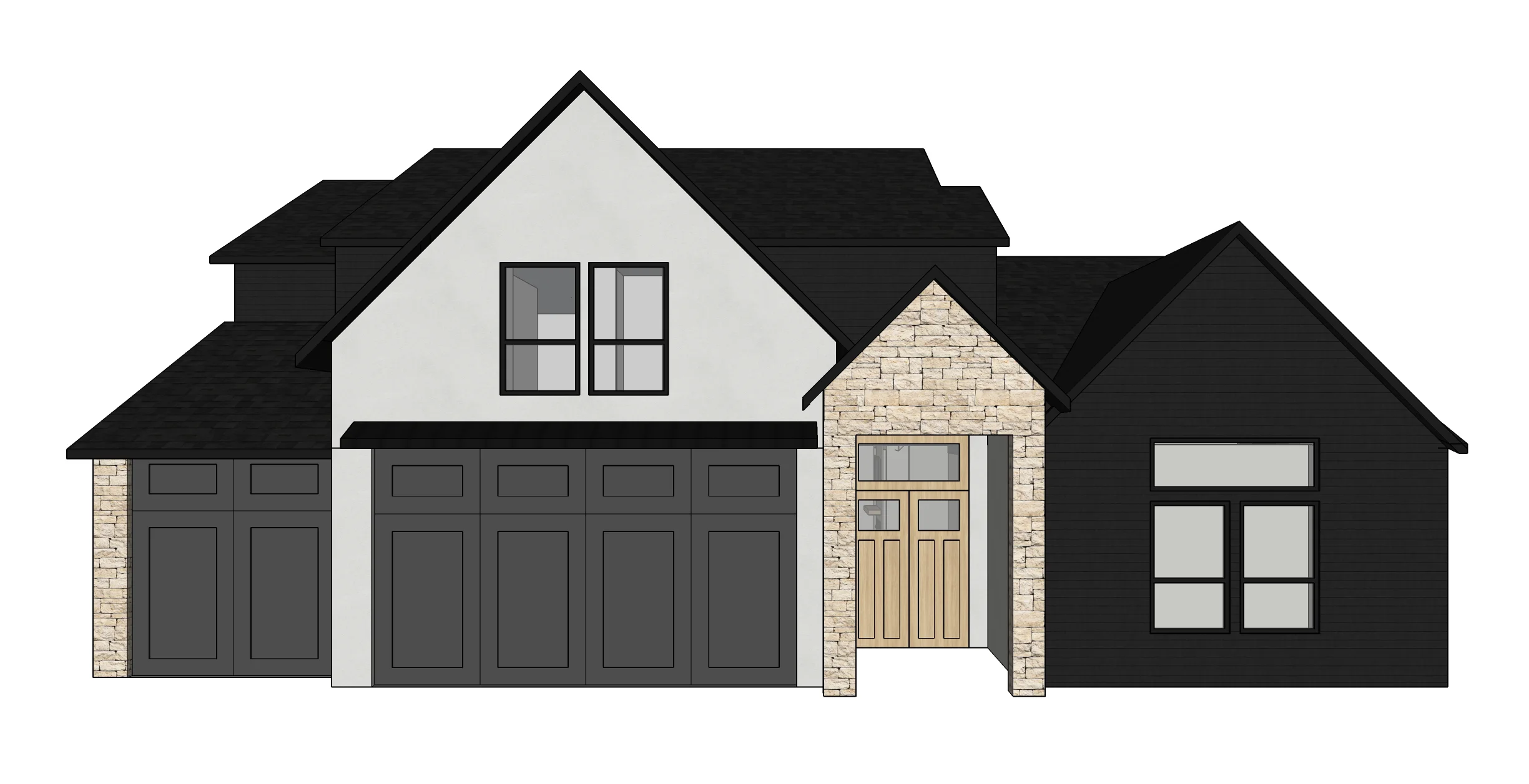 our 3d model with materials — warm, neutral stone, light gray stucco, and charcoal siding