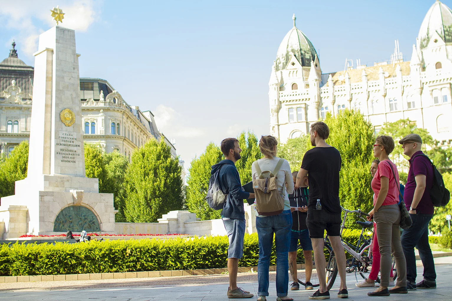 The tour starts at Liberty Square, in front of the Soviet WW2 Memorial and the U.S. Embassy building
