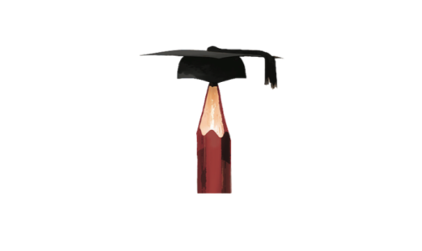 Mortarboard balancing on pencil point.
