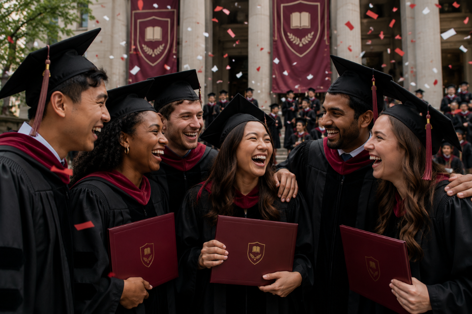 MBA graduates sharing a happy moment with classmates